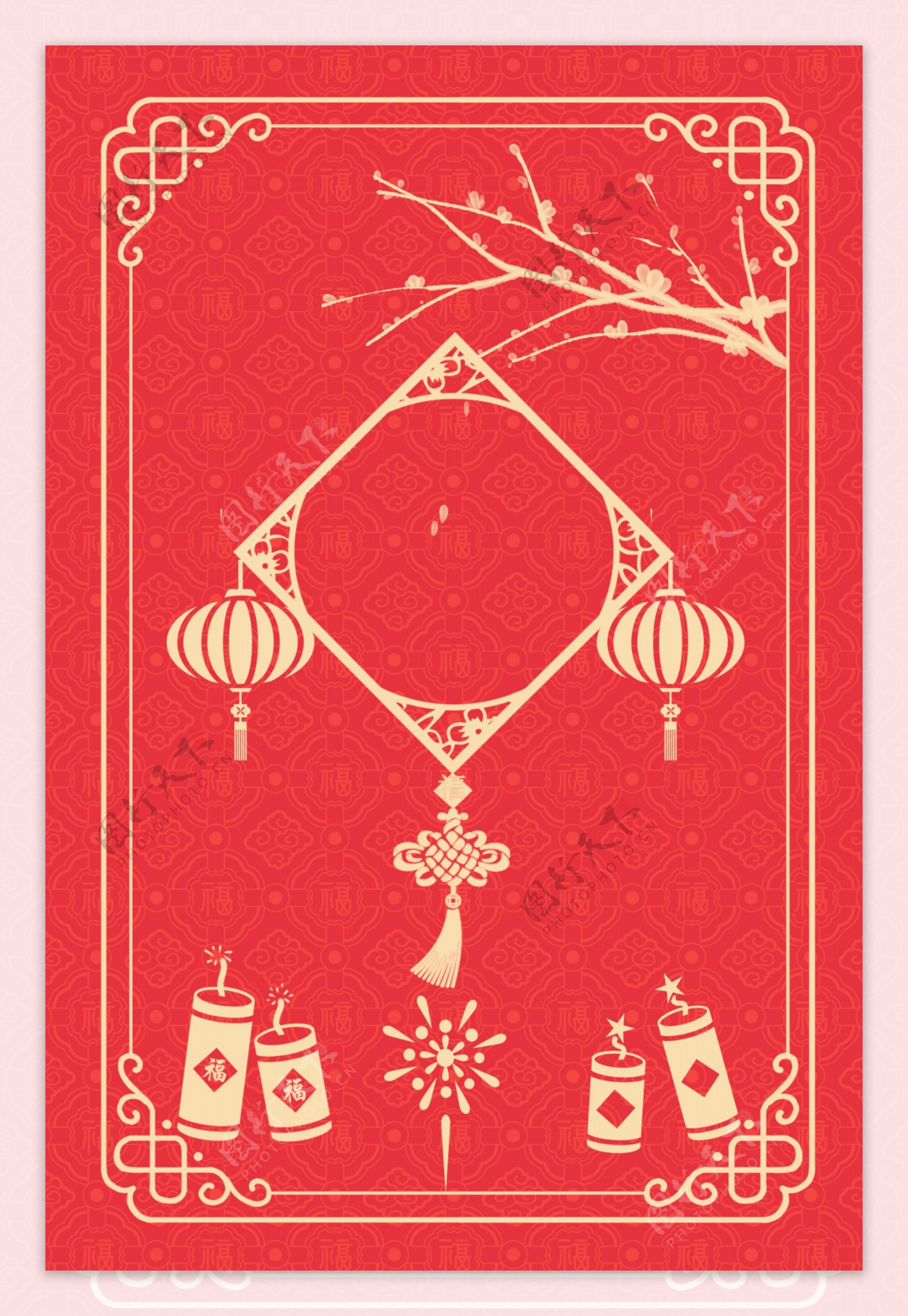 线条中国风喜庆新年签红色背景海报