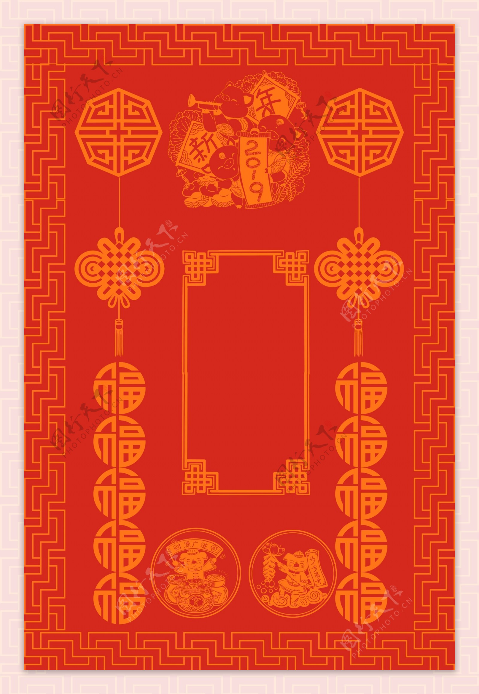 线条中国风新年签红色线条背景海报