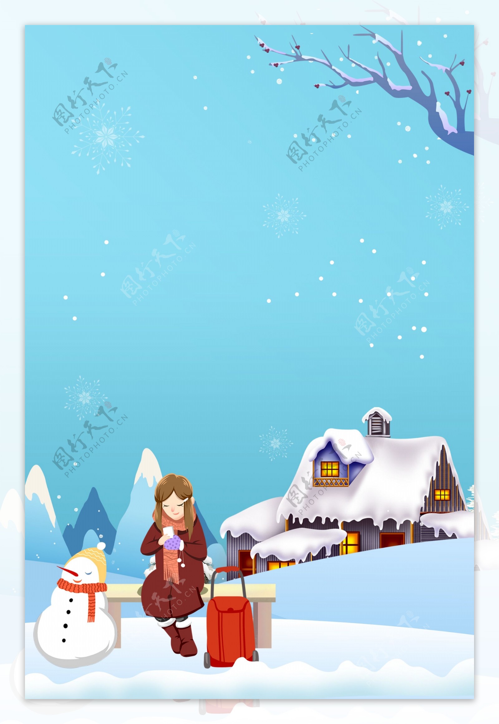 12月你好雪屋雪人卡通女孩海报
