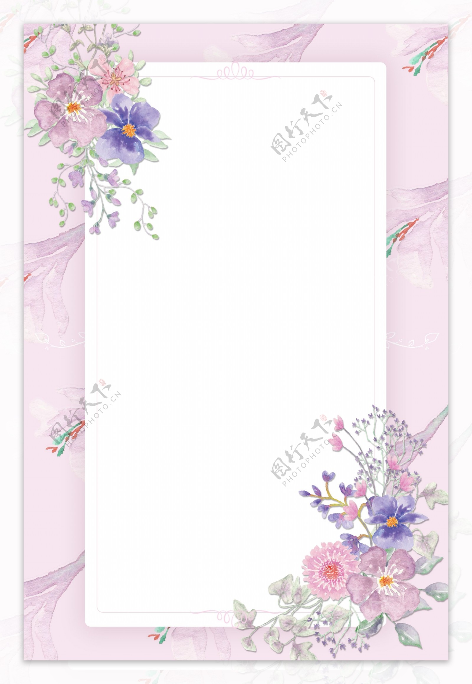 粉色简约手绘花卉植物环绕边框海报背景