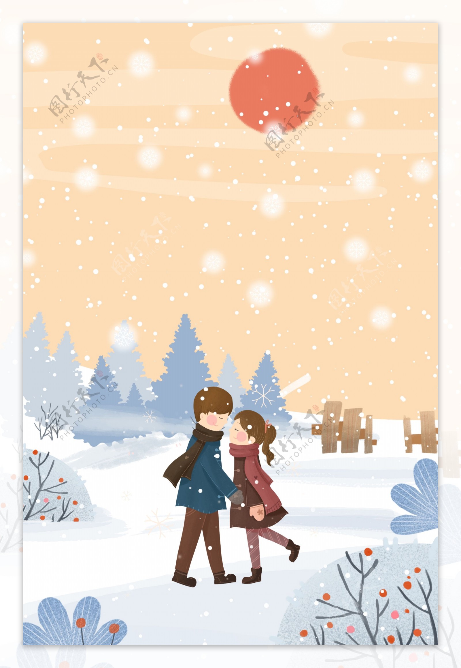 二十四节气之冬至情侣相拥雪地海报