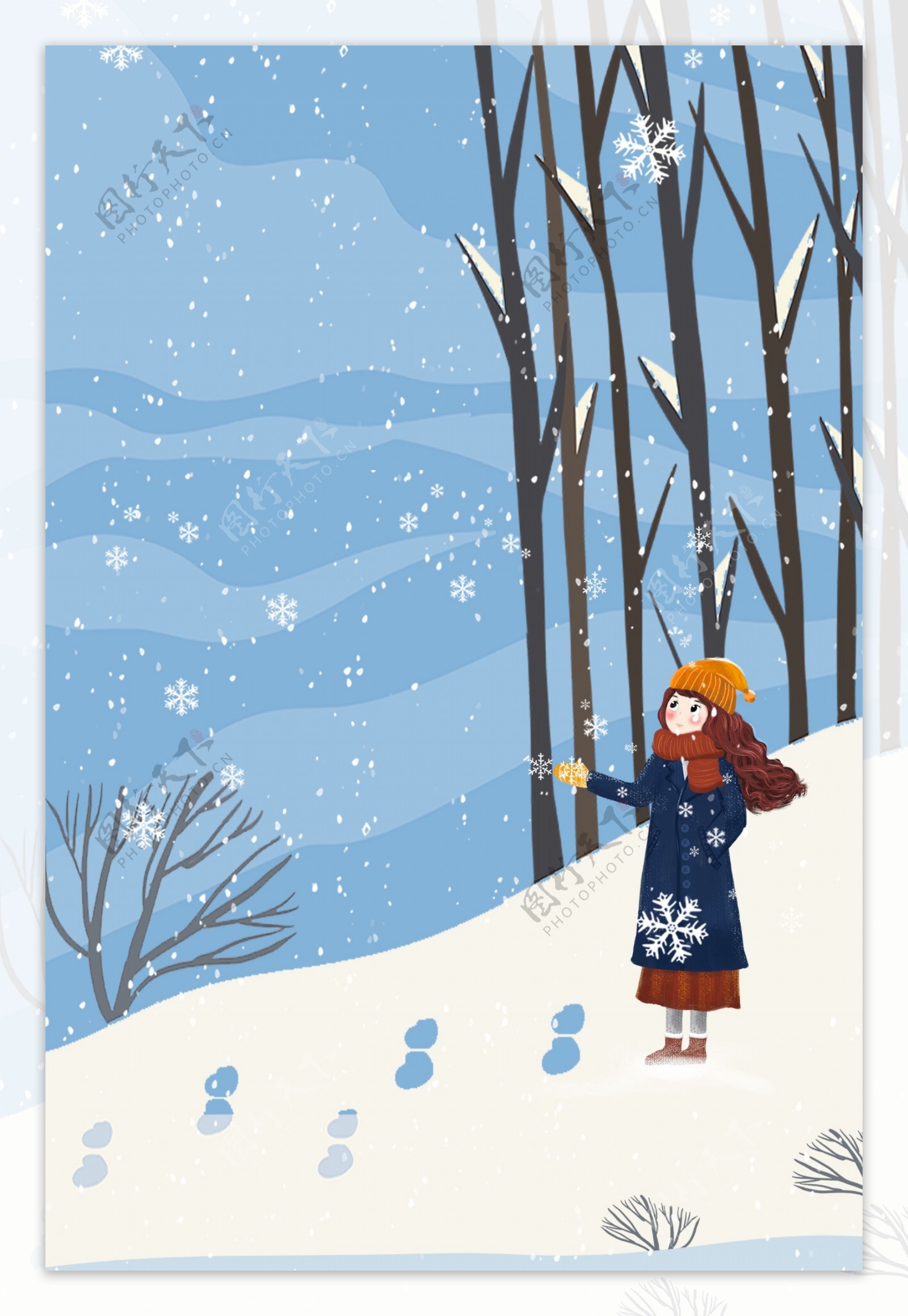 冬天看雪景森林女孩服装促销海报