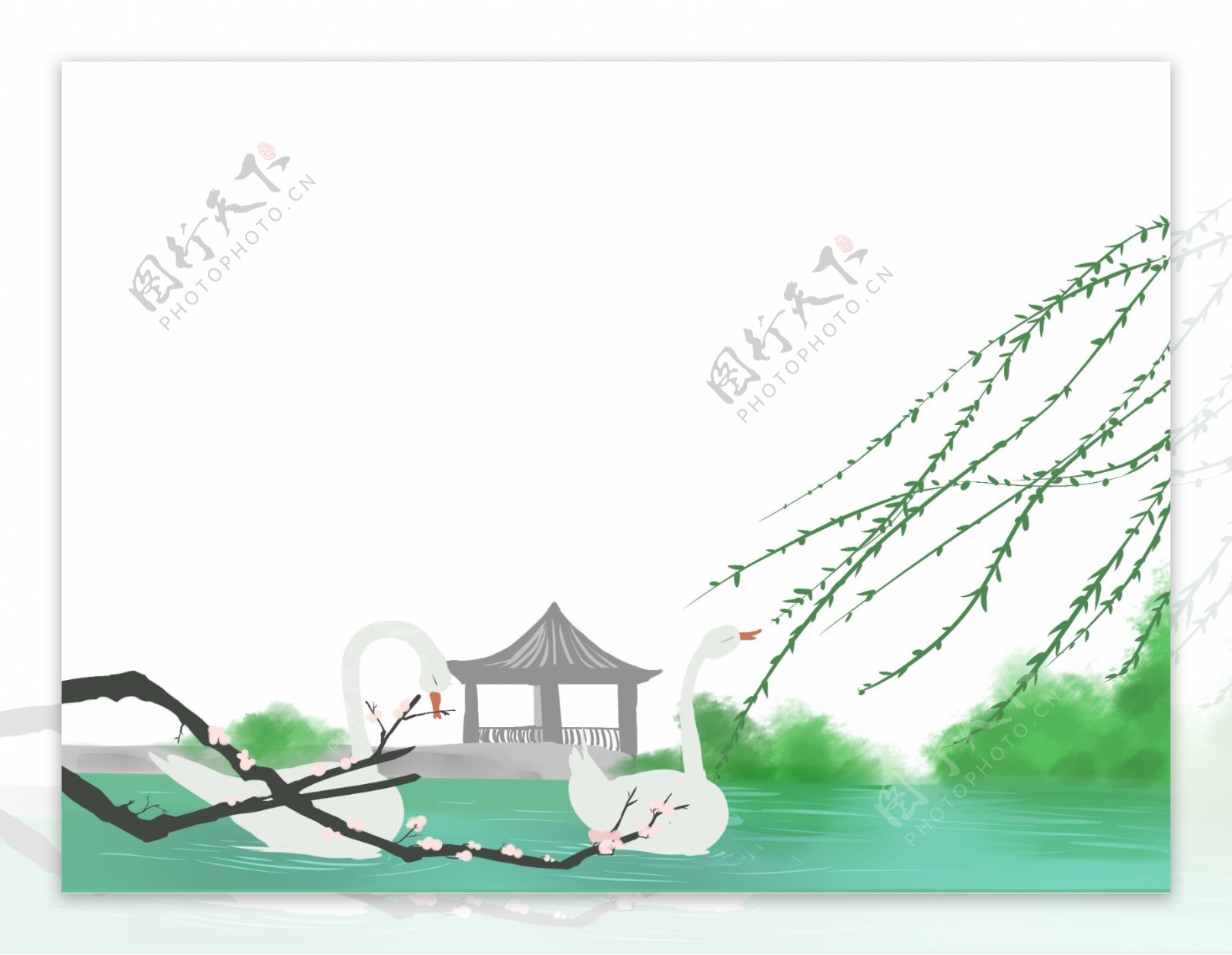 春天风景江南山水雅致装饰底框湖绿色海报边框