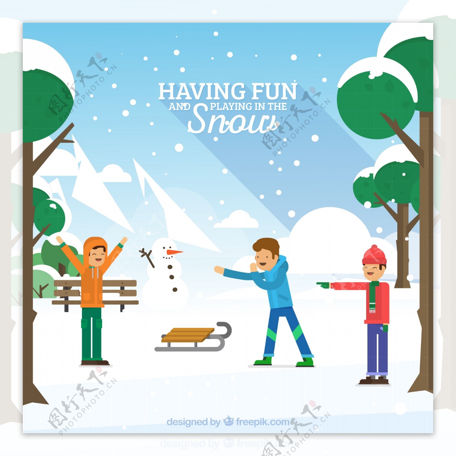 冬季雪地玩耍男孩和雪人