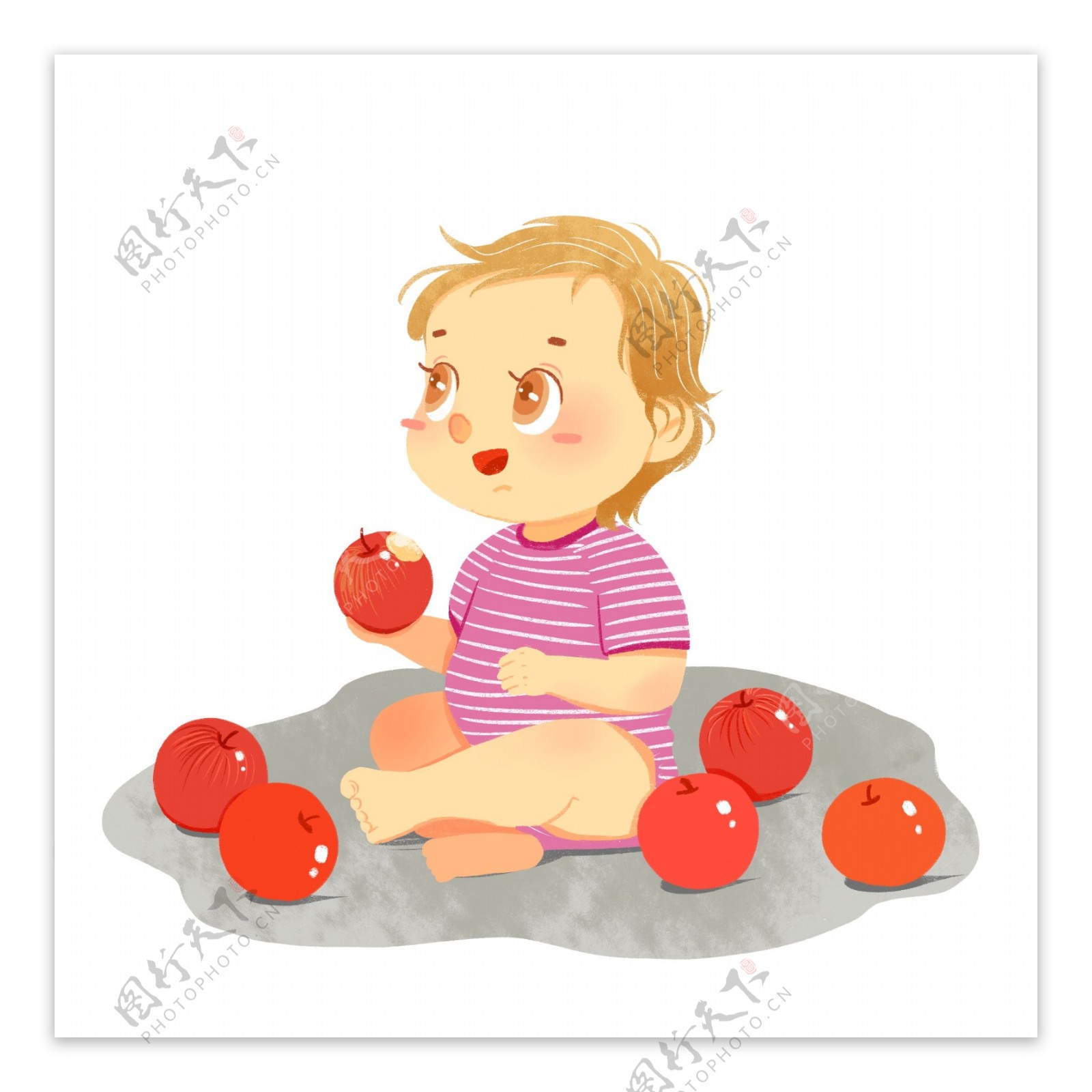 坐在地上吃苹果的婴儿