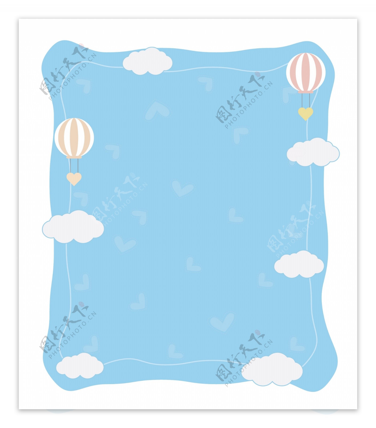 蓝天白云可爱热气球矢量免抠边框素材