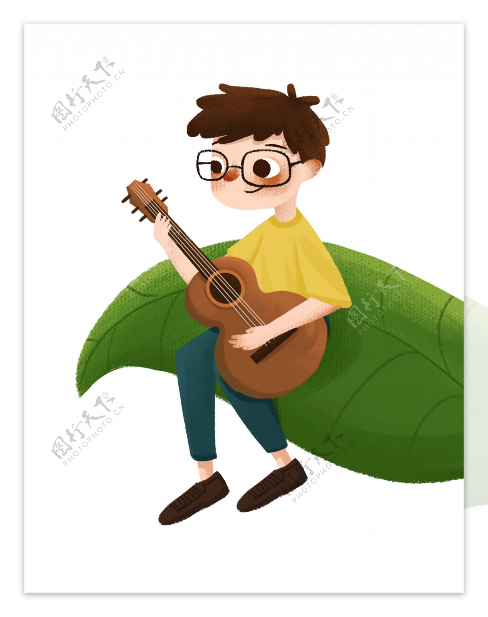 手绘卡通坐在叶子上弹吉他的小男孩元素
