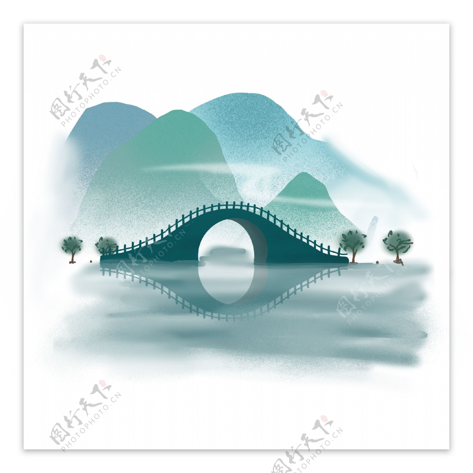 中国风青山绿水江水古桥石桥