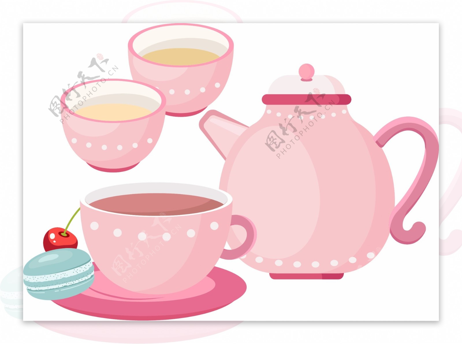 粉色英式茶壶茶杯矢量