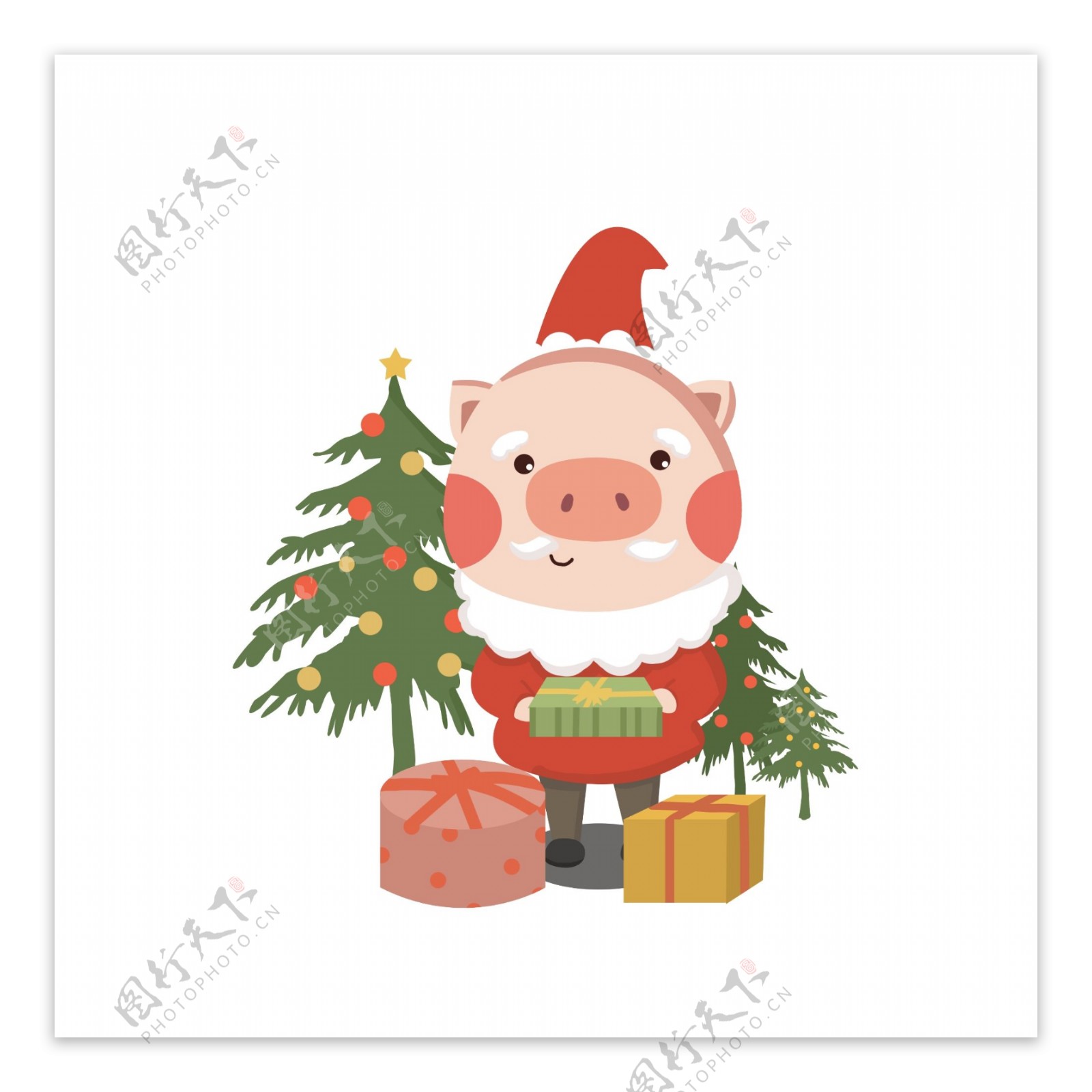 卡通手绘猪年可爱小猪过圣诞节树圣诞老人小猪