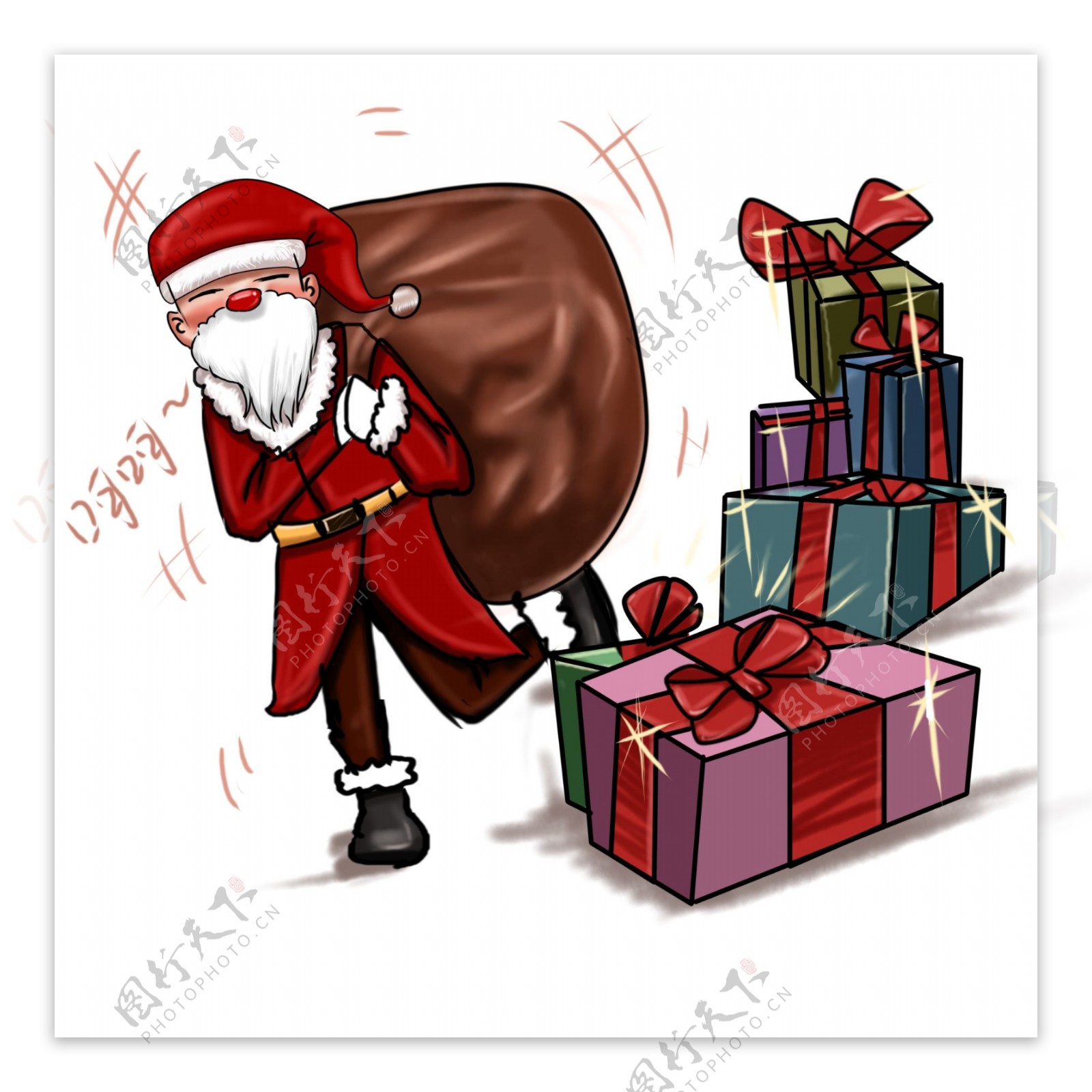 动漫厚涂手绘发放圣诞节礼物的圣诞老公公插画PNG
