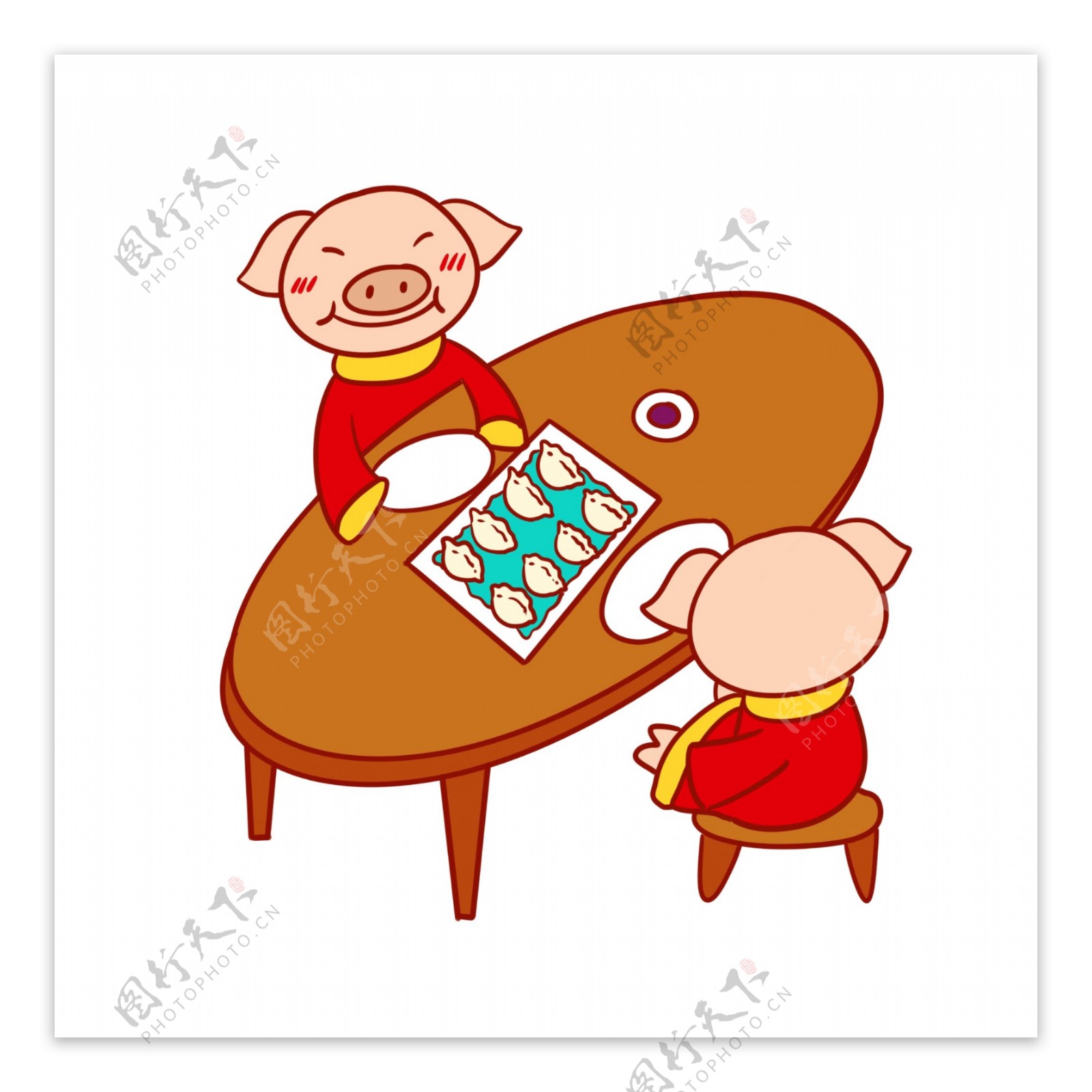 手绘卡通矢量猪年新年可爱小猪吃饺子
