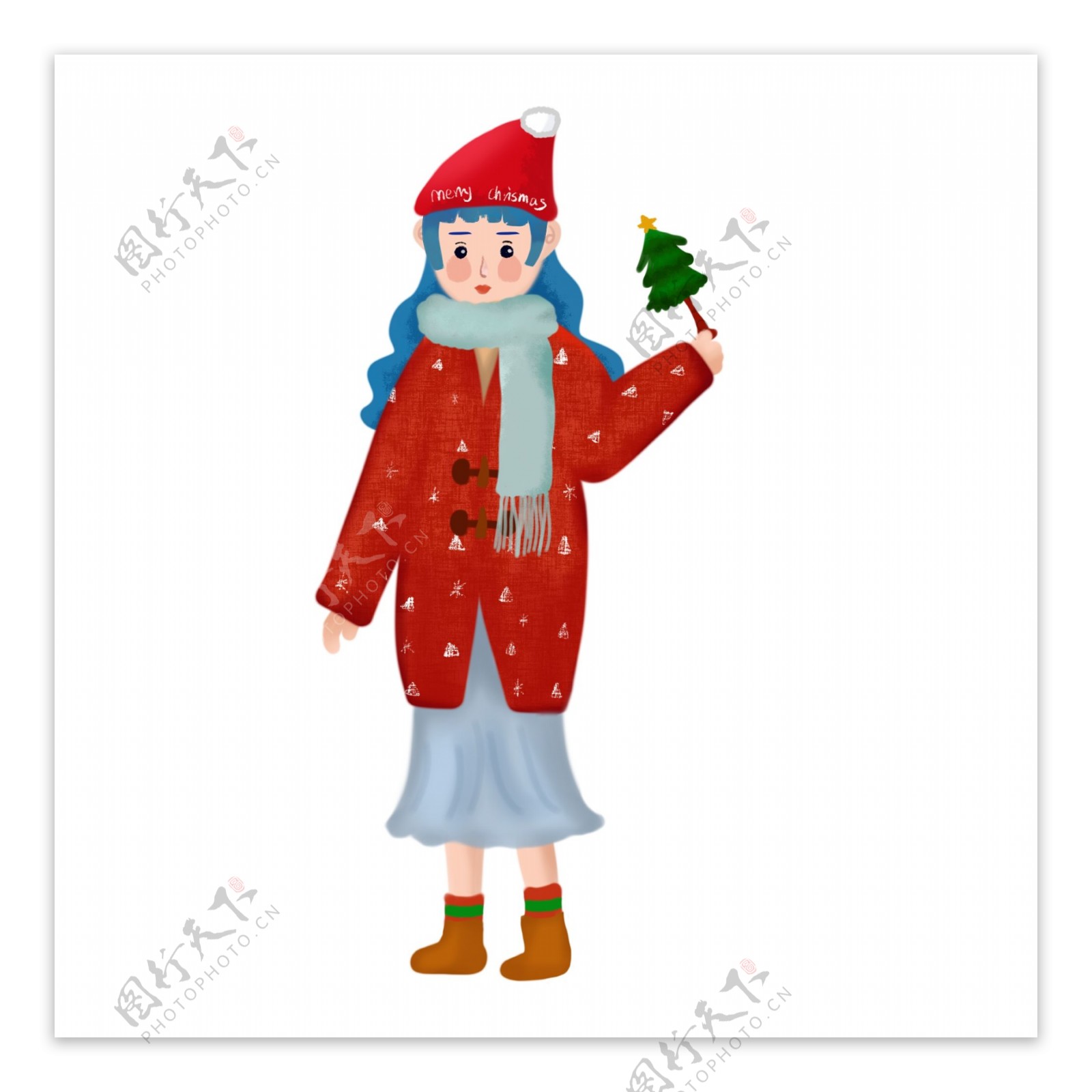 圣诞节戴圣诞帽的女孩手绘插画图封面圣诞女孩