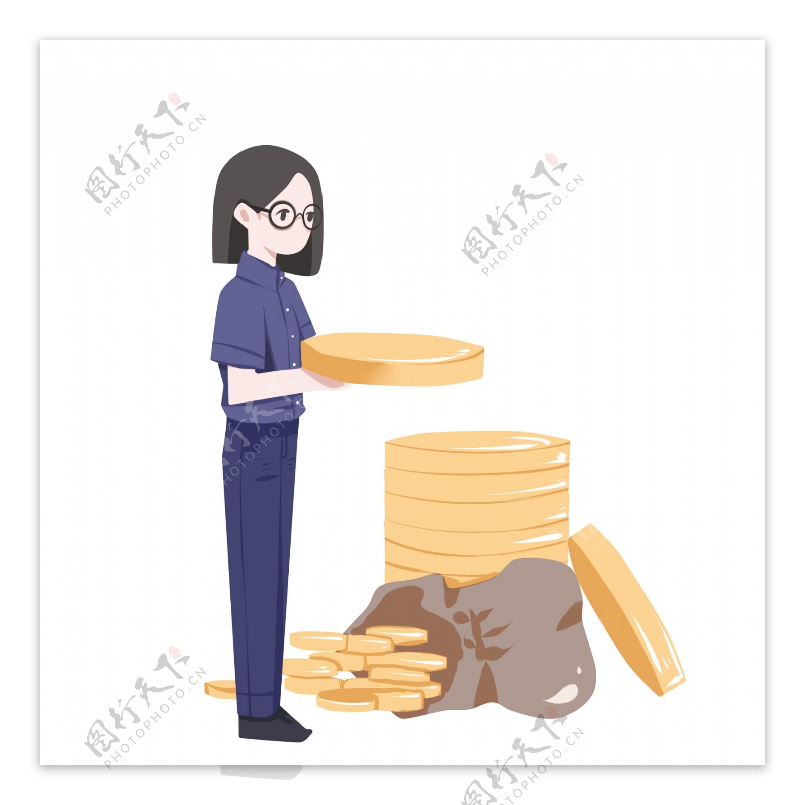 手绘金融金币美女人物插画