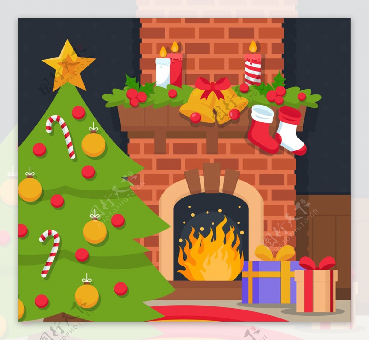 圣诞夜壁炉和圣诞树