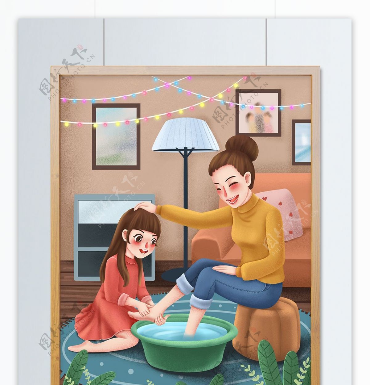母亲节女儿为妈妈洗脚温馨插画