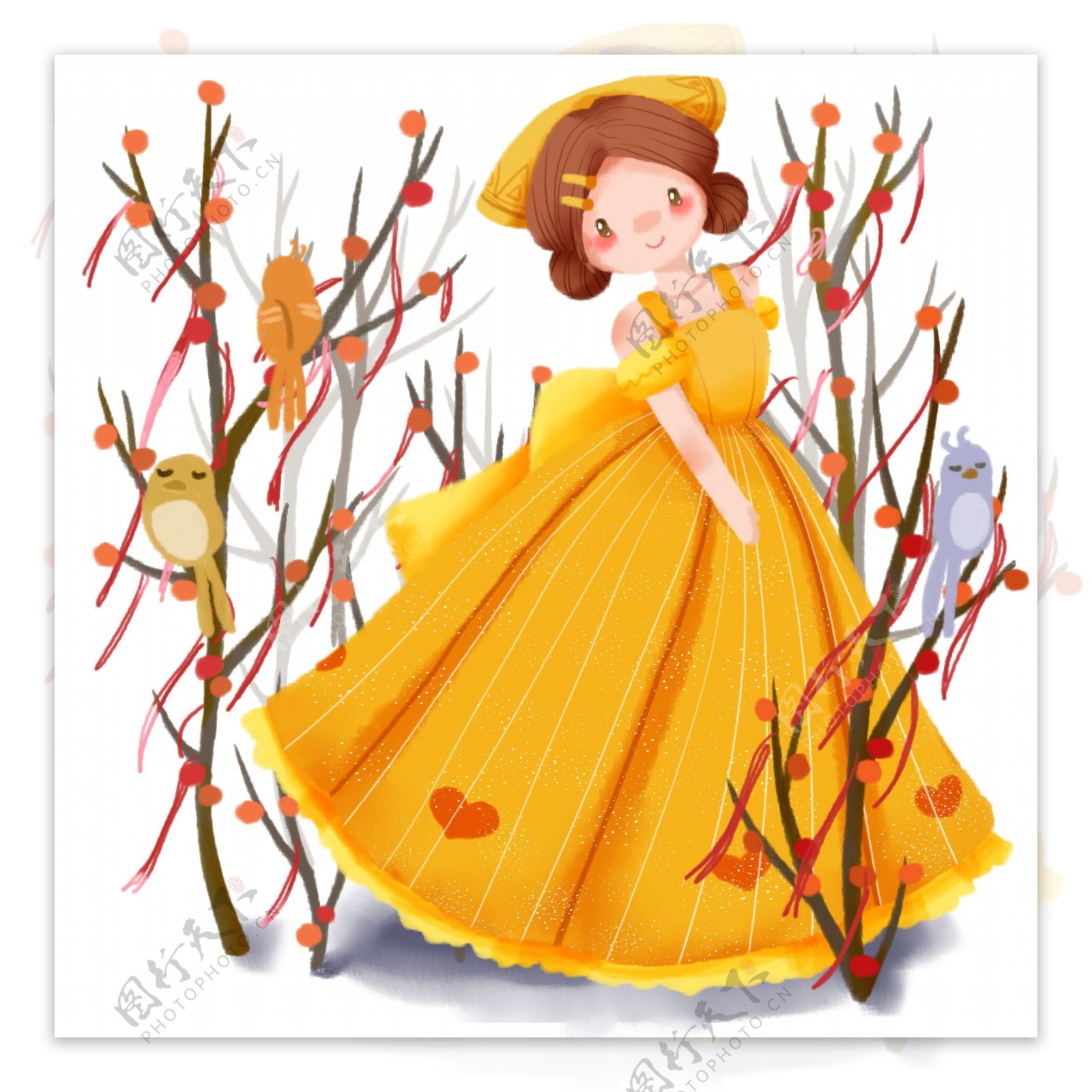 手绘卡通可爱少女黄色裙子秋天