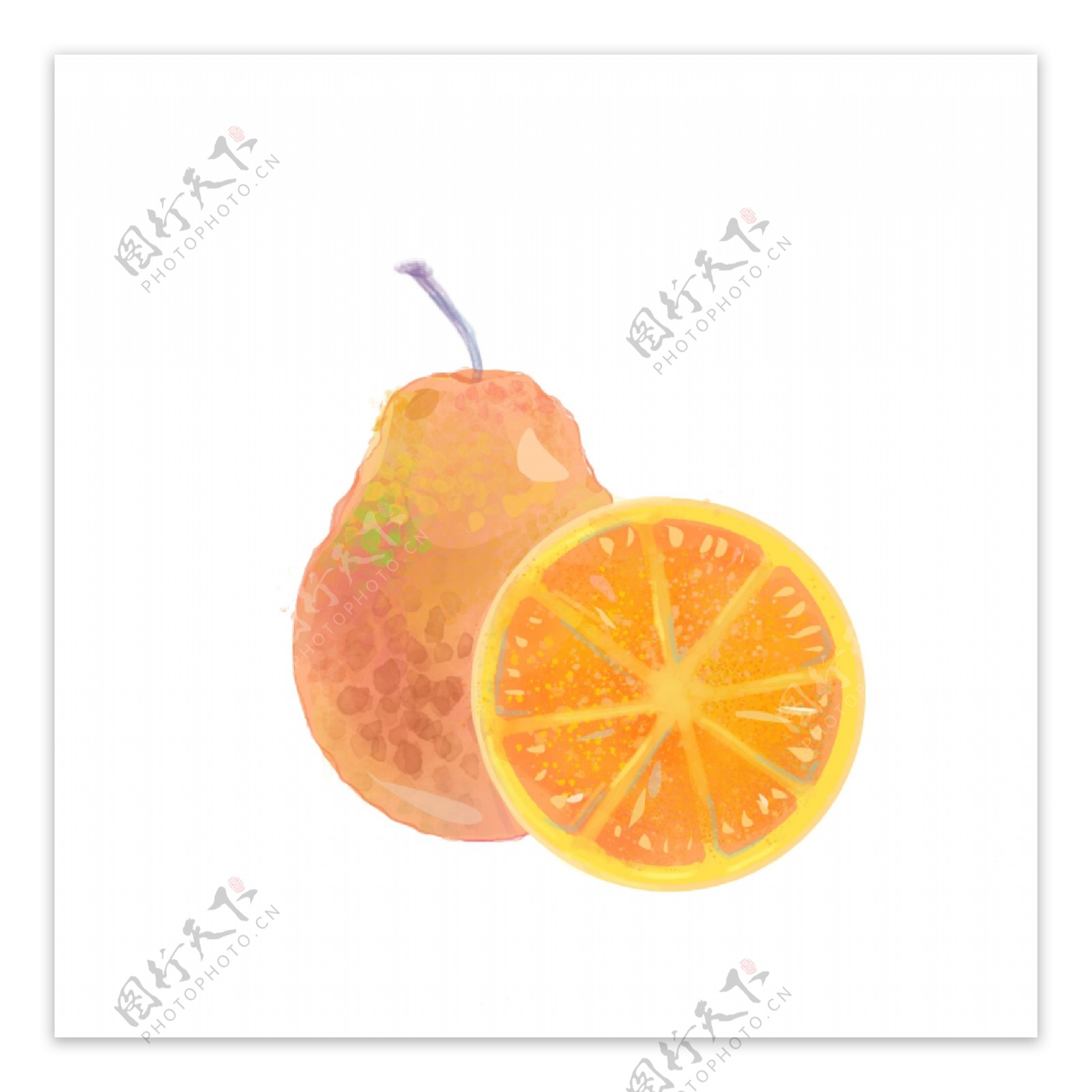 手绘水彩切开的黄色橙子元素