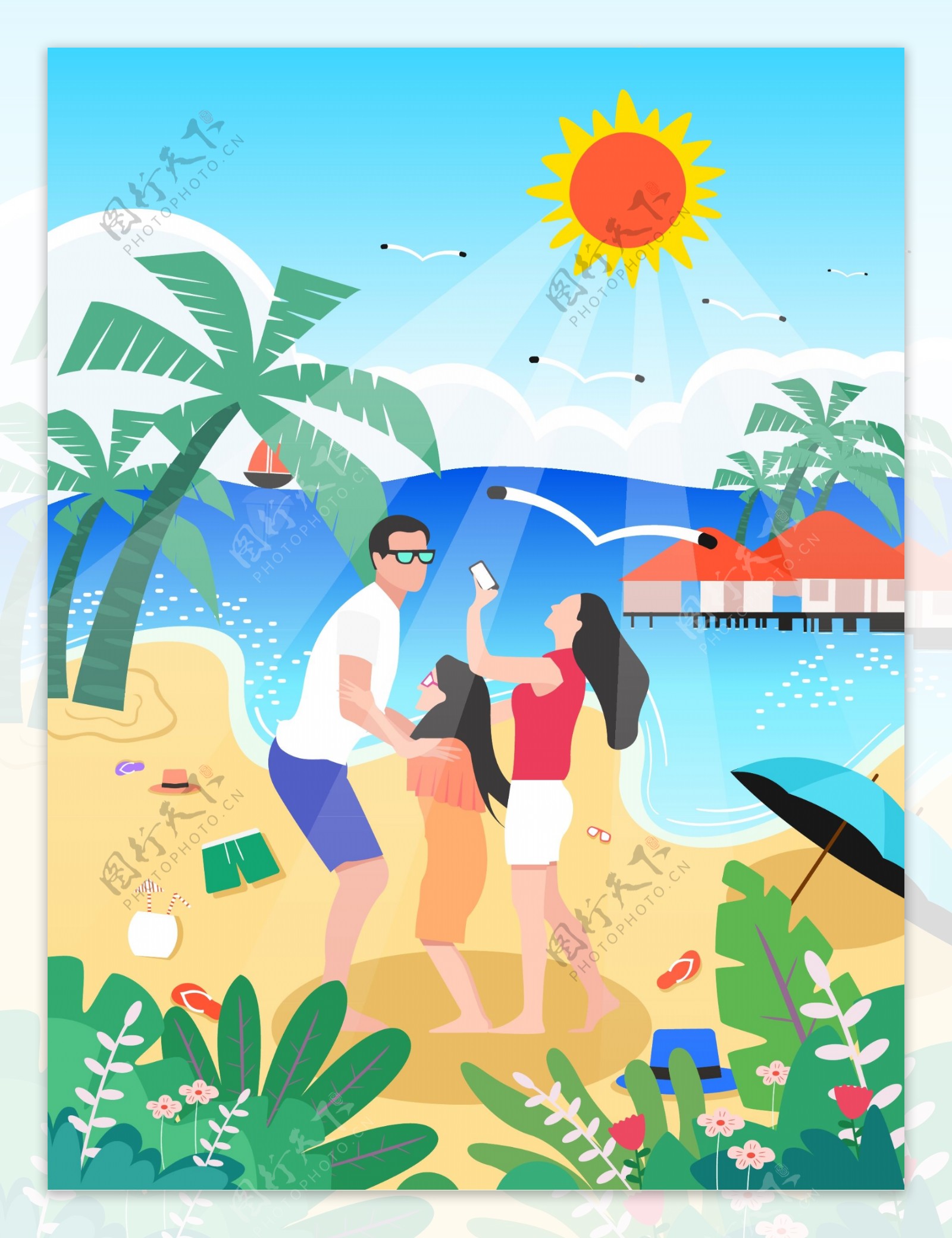 幸福一家人之海边旅游度假小清新原创插画
