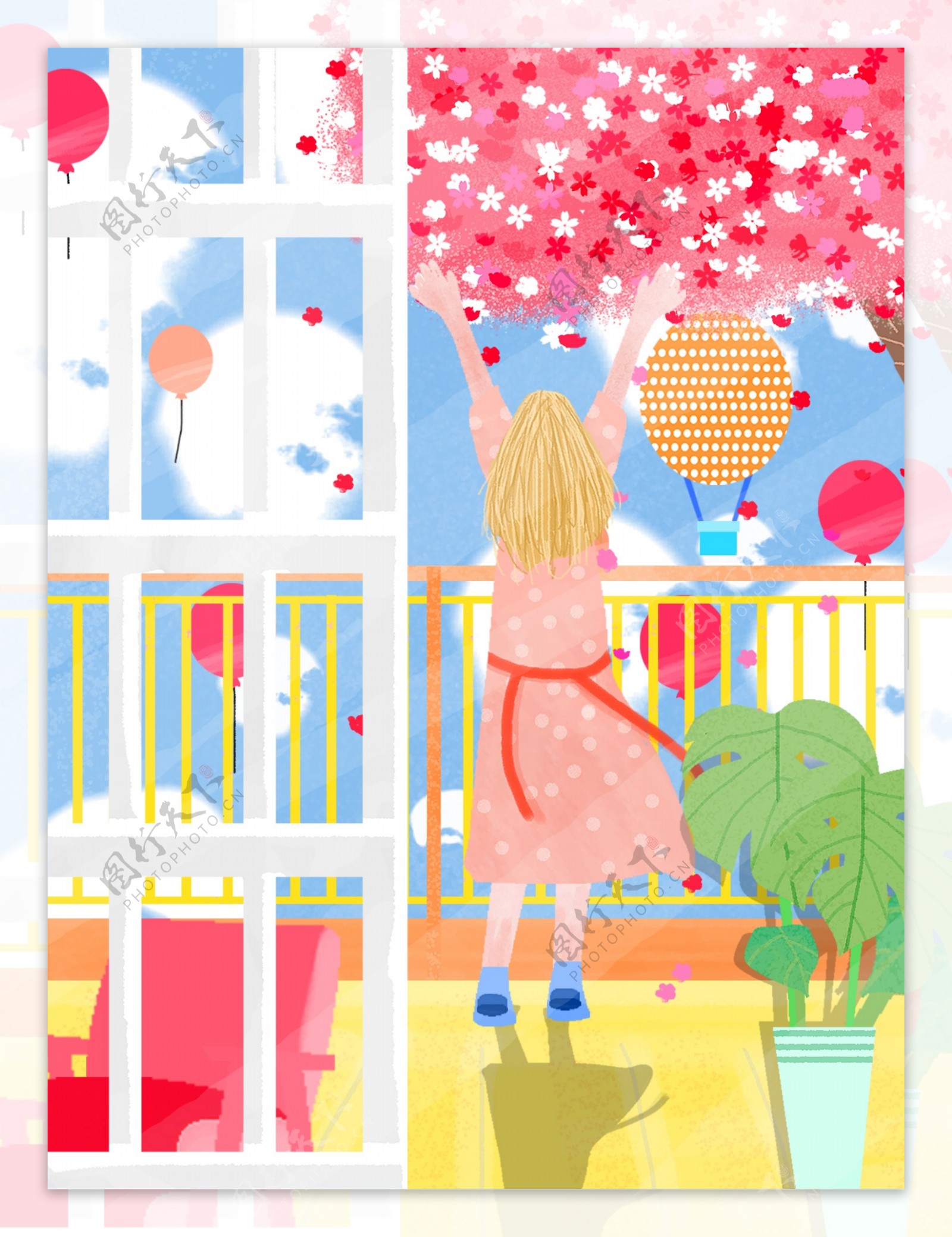 粉色桃花气球蓝天元气美少女背景设计