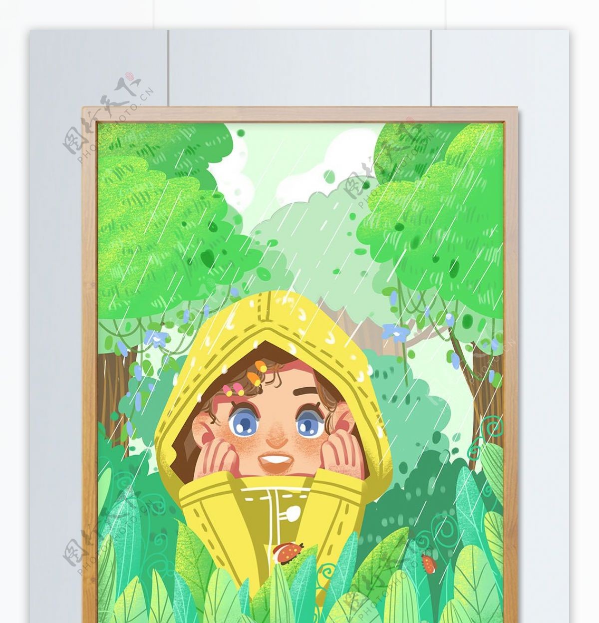 谷雨节气大自然森林绿色雨衣女孩治愈系插画