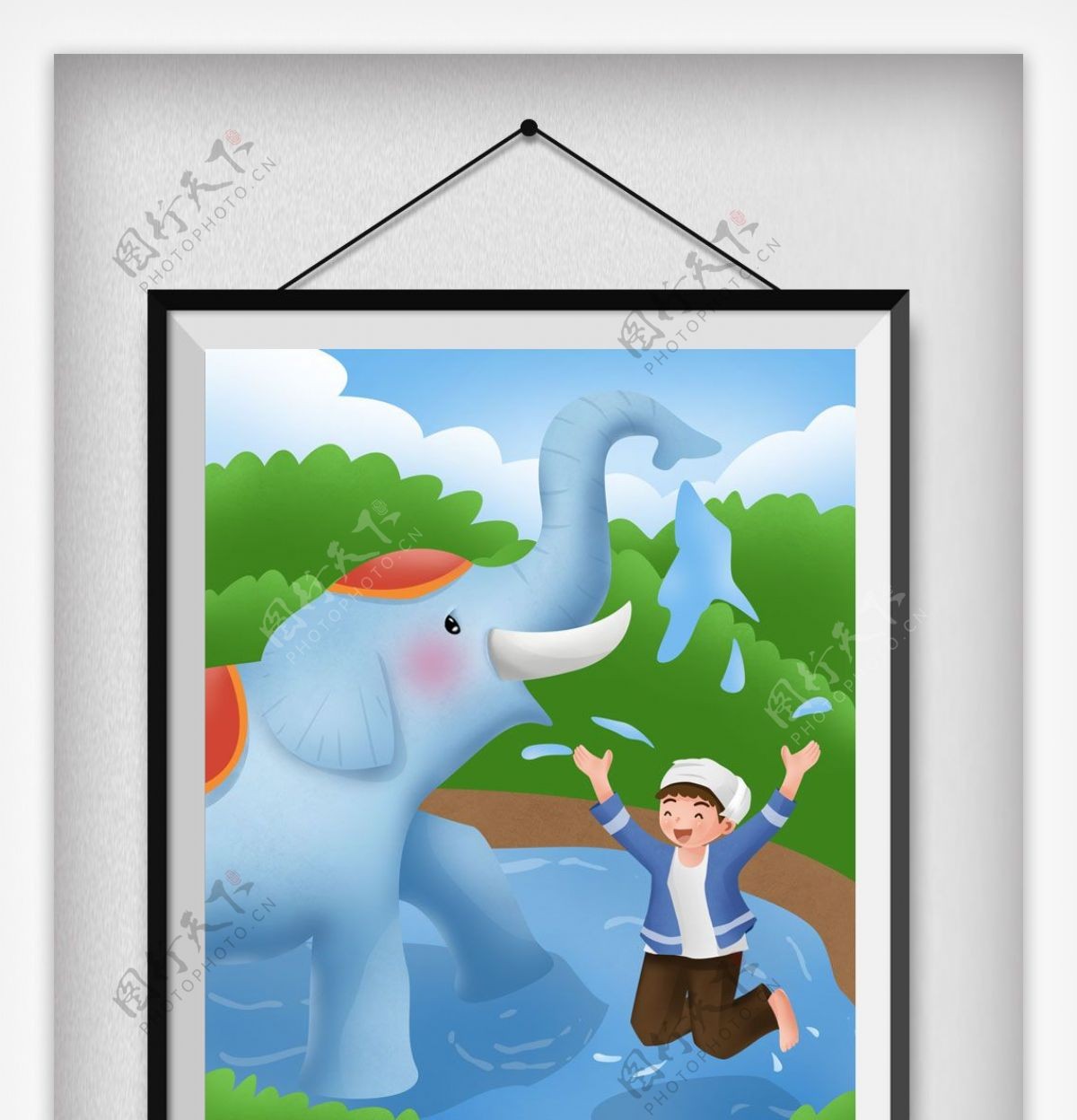 泼水节大象男孩泼水节卡通插画