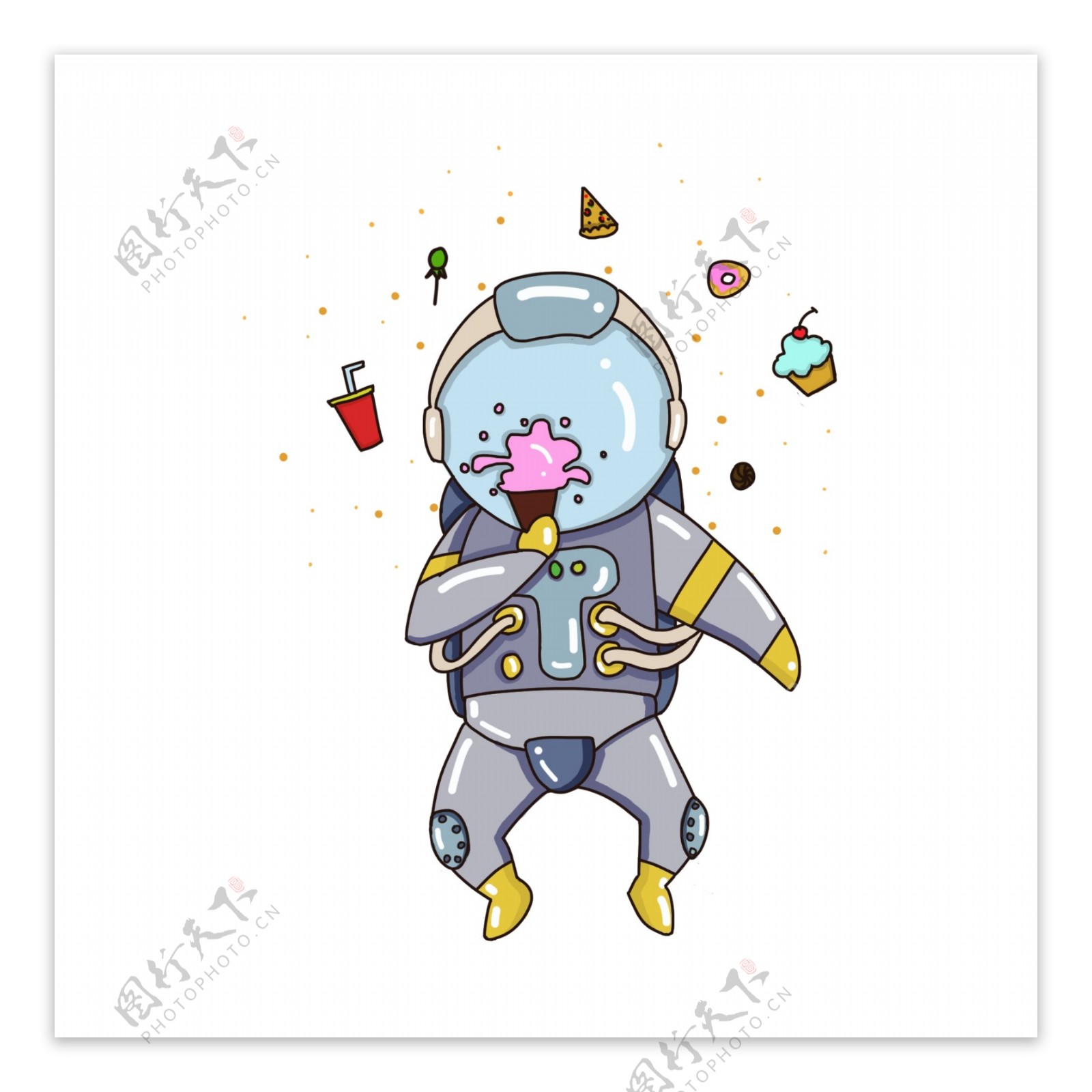 手绘可爱卡通宇航员形象宇航员吃冰激凌