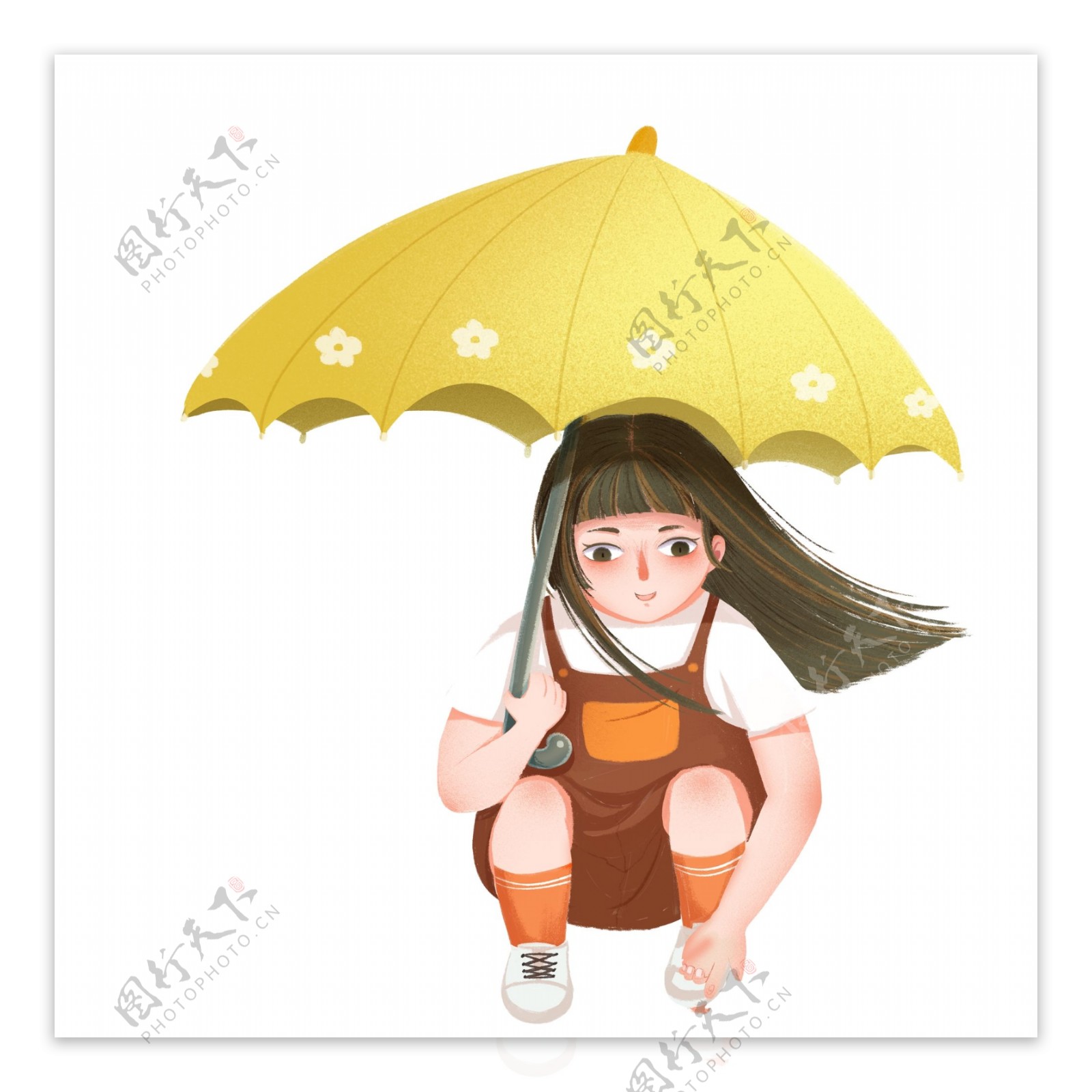 手绘小清新撑着雨伞的女孩