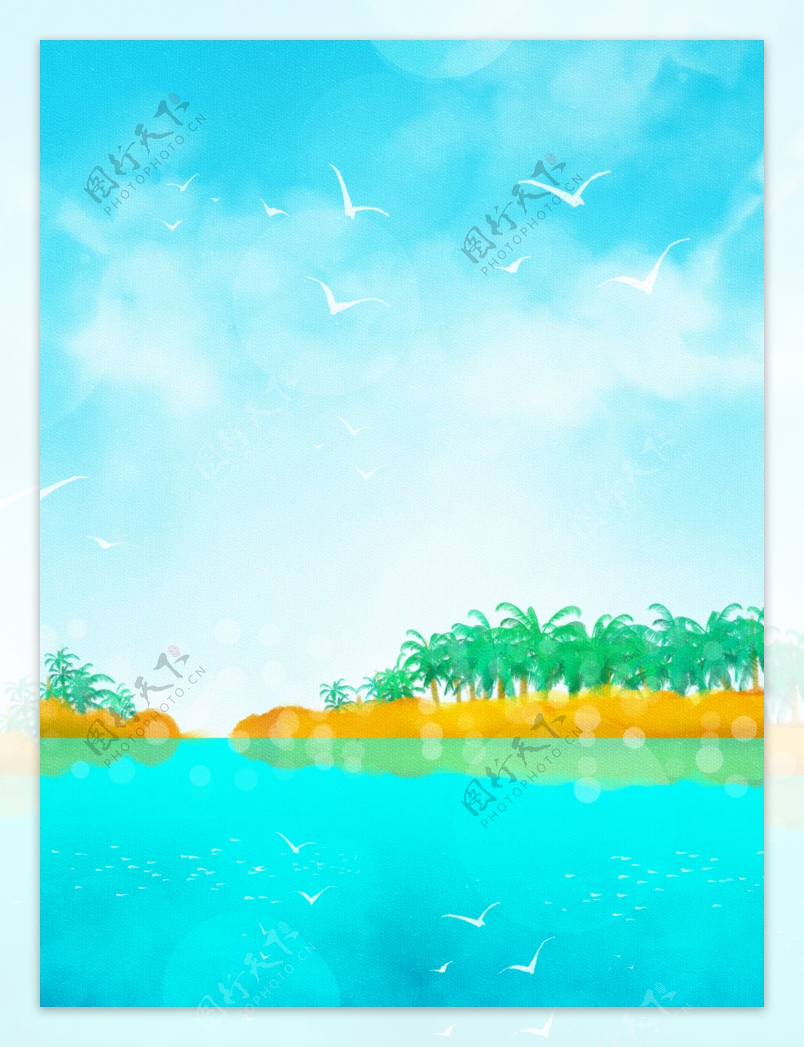 小清新手绘蓝天白云椰树海边夏天背景