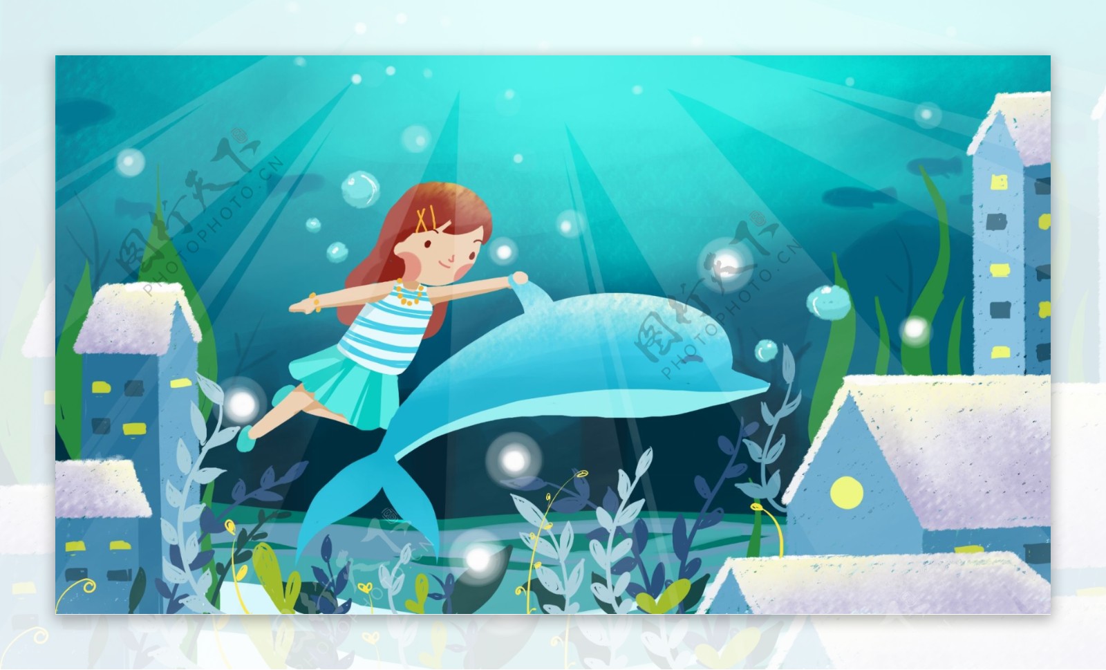 海底世界海洋海豚女孩快乐玩耍唯美清新插画