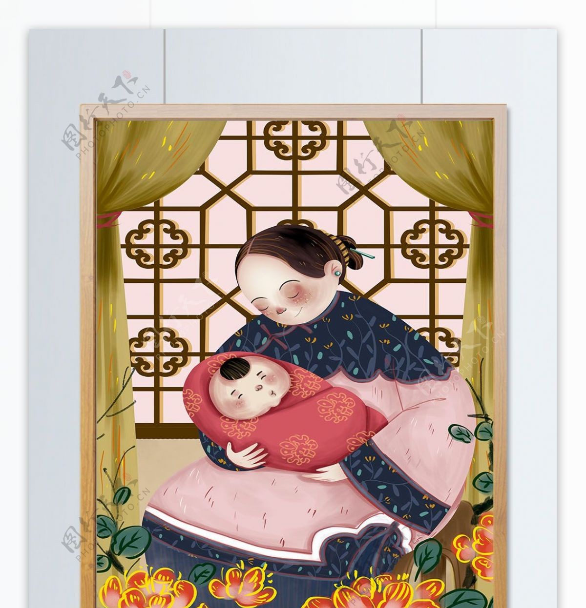 母亲节清朝女子抱着孩子小清新中国风插画