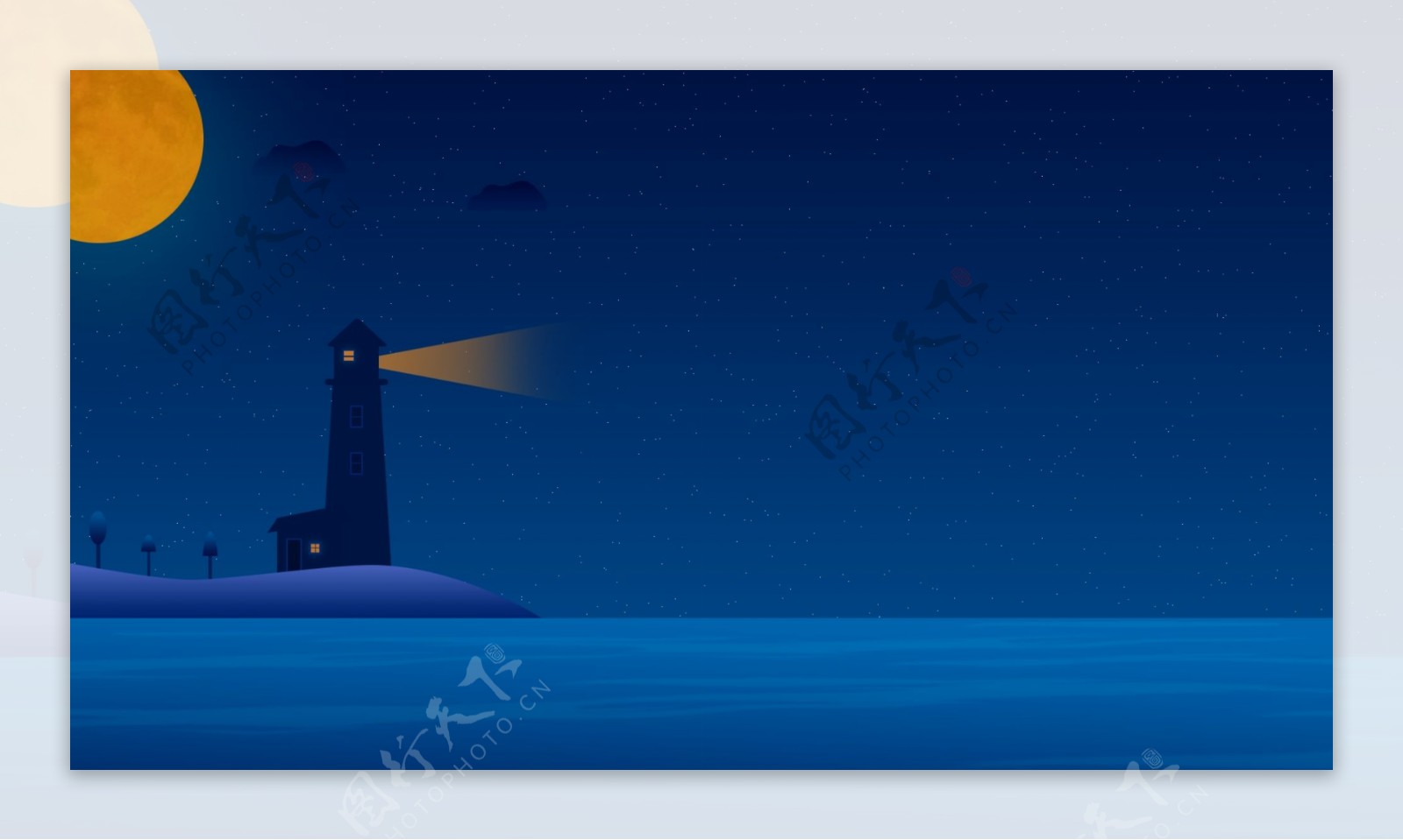 卡通手绘蓝色海上灯塔插画背景