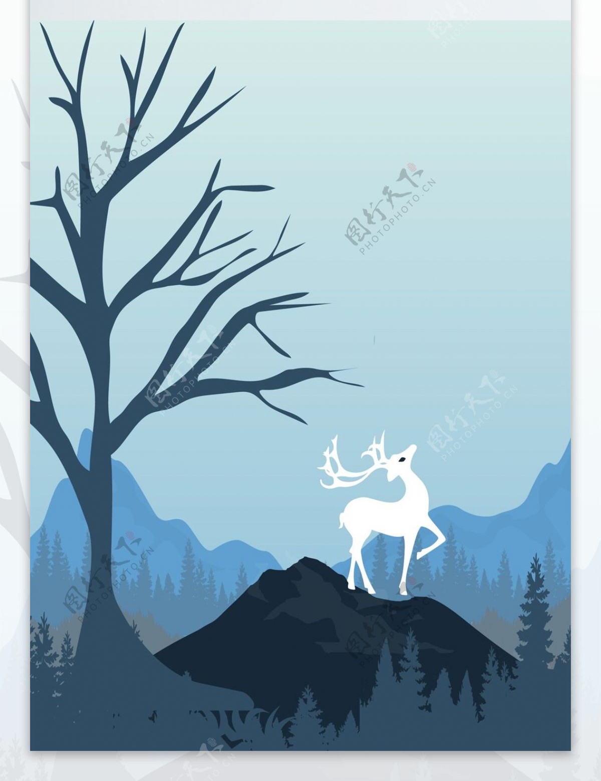 蓝色北欧森林麋鹿装饰画