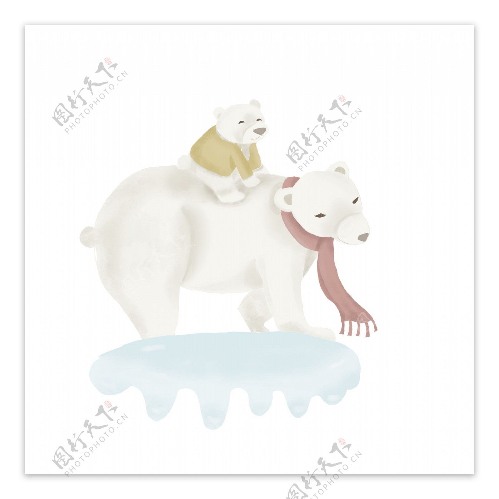 北极熊背着小北极熊在冰面行走母爱元素