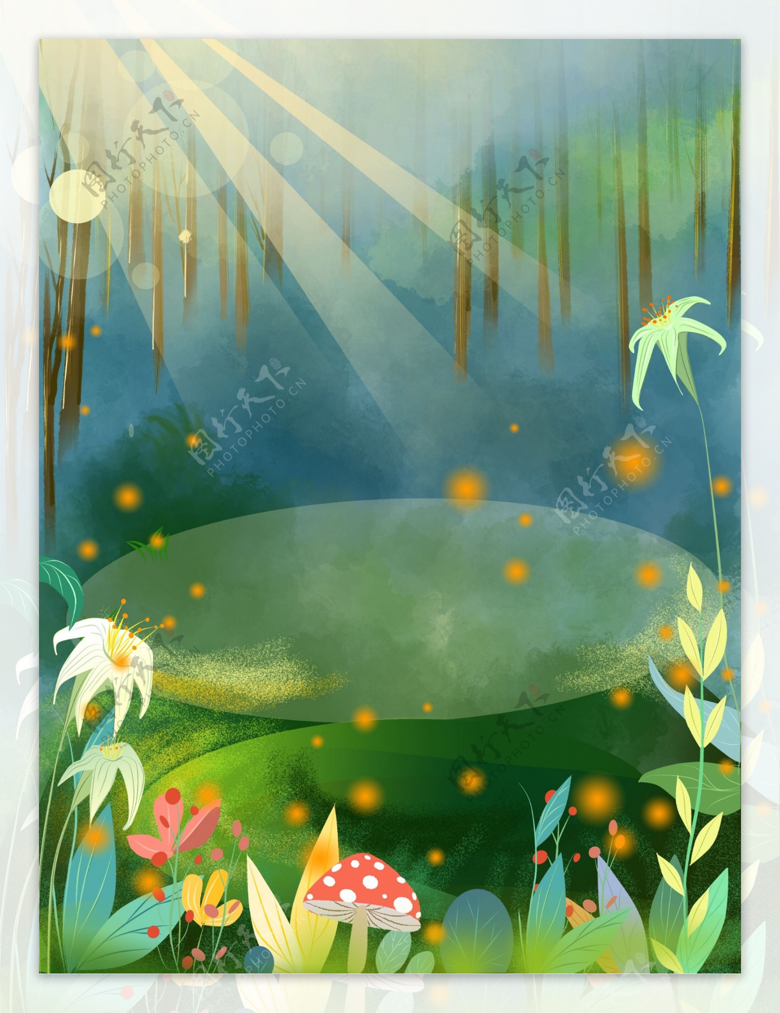 手绘夏日阳光树林花丛背景设计