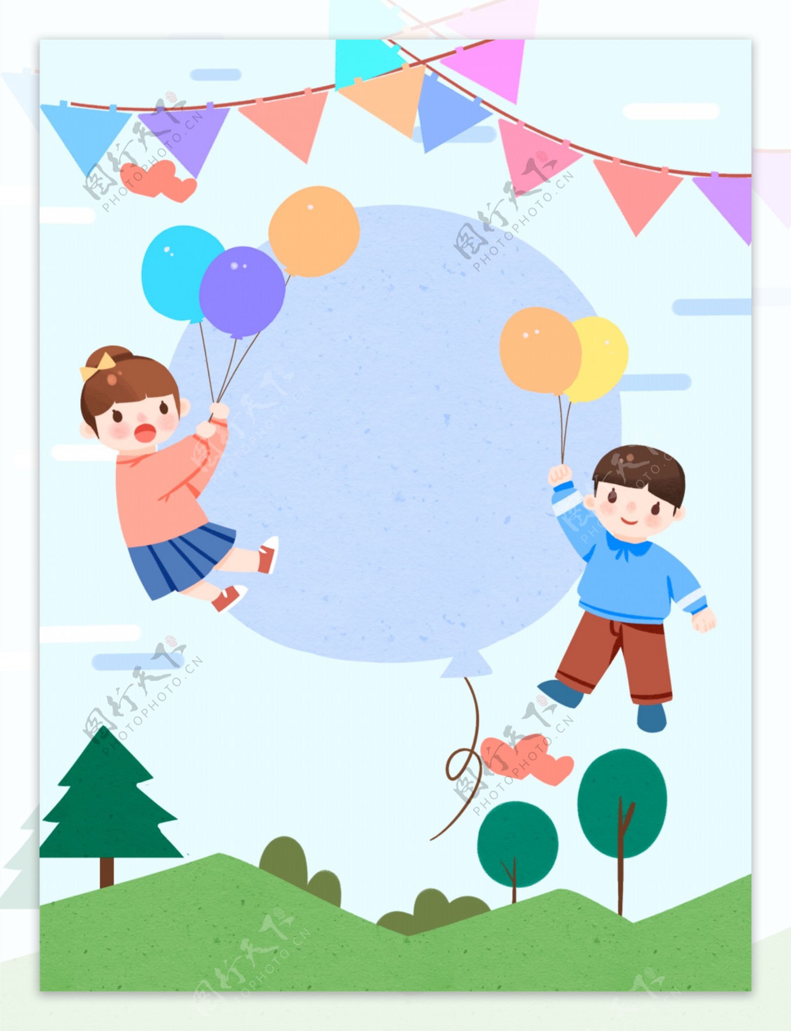卡通可爱儿童气球天空场景背景