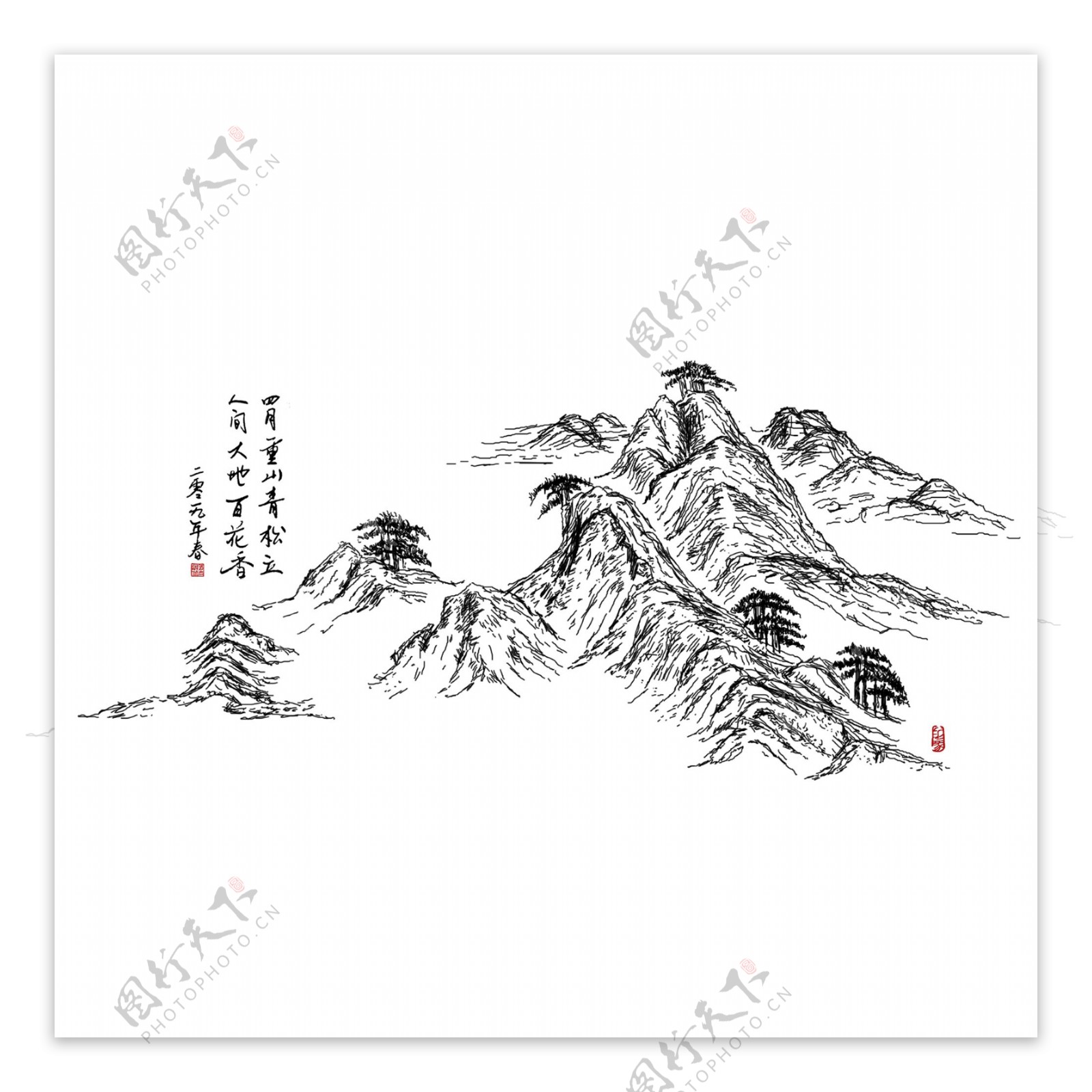 四月中国风山水手绘素材