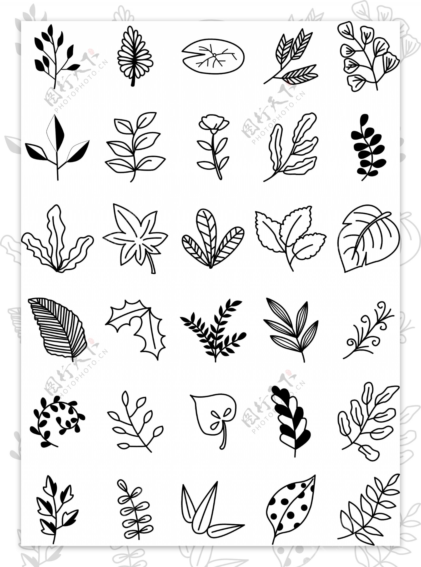 简约黑白植物简笔画矢量素材