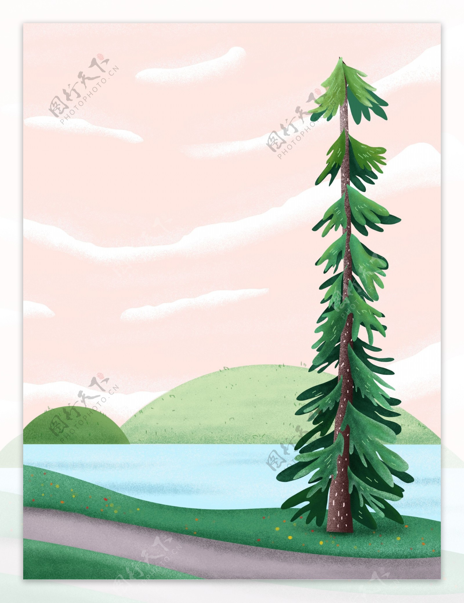 绿色忪树粉红色天卡通背景