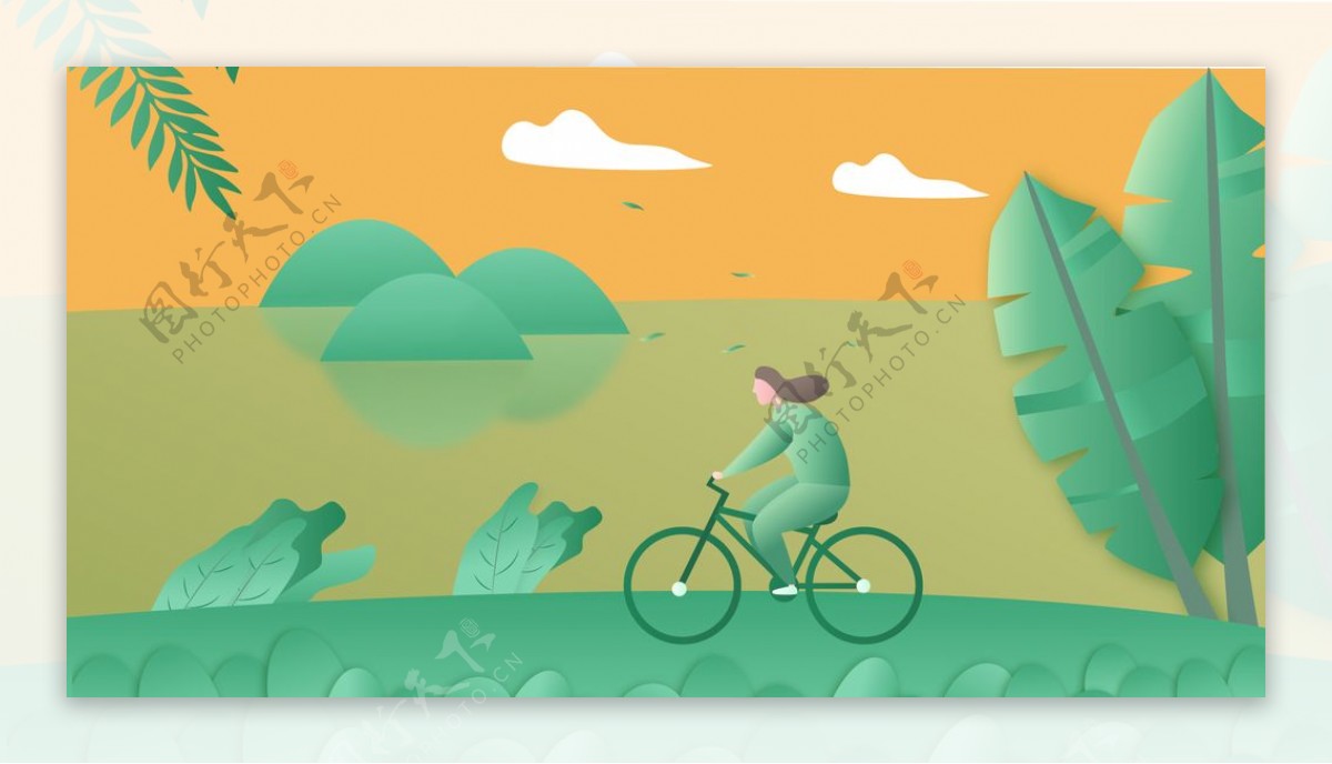 翠绿色春天人物骑自行车