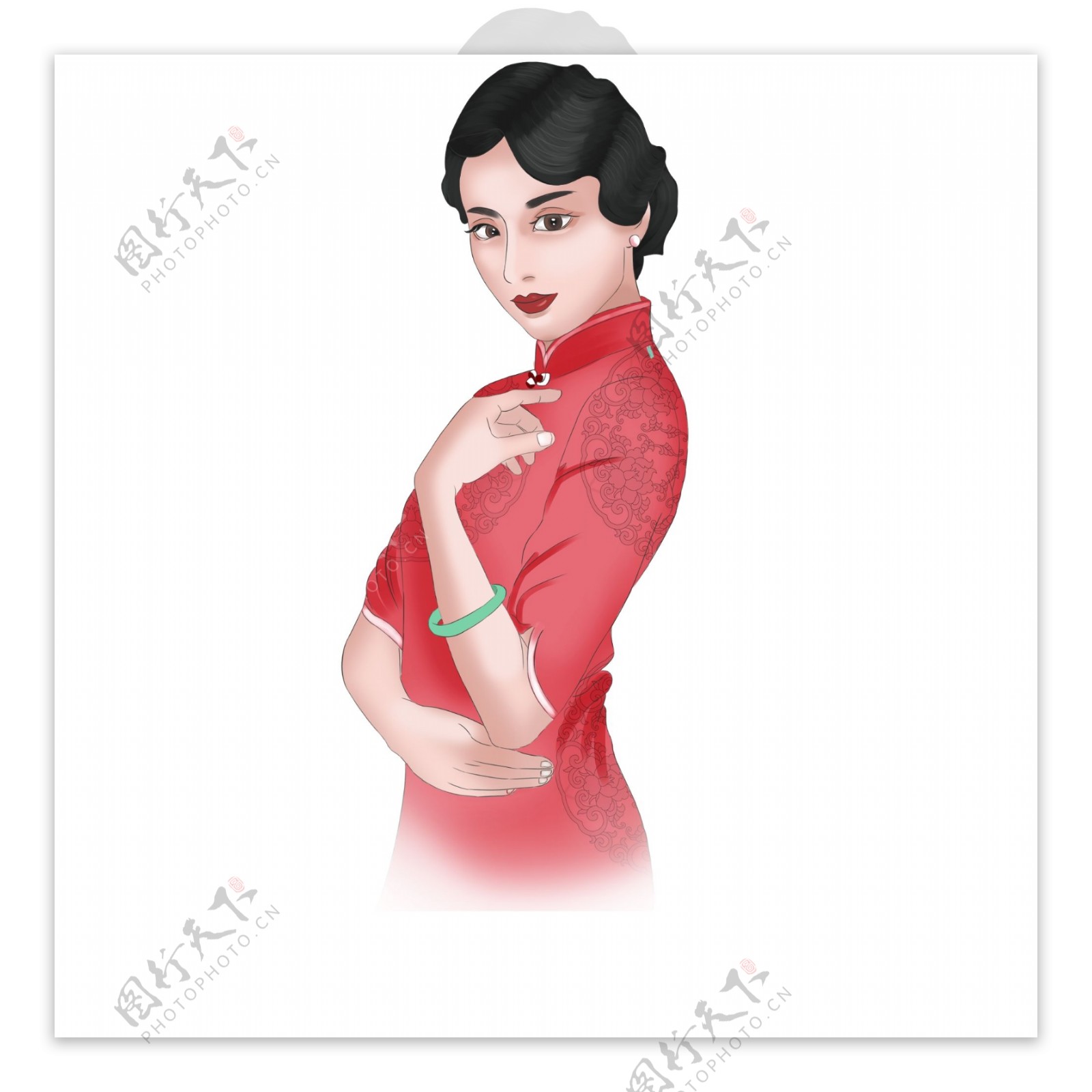 手绘穿着红色祺袍的女子元素