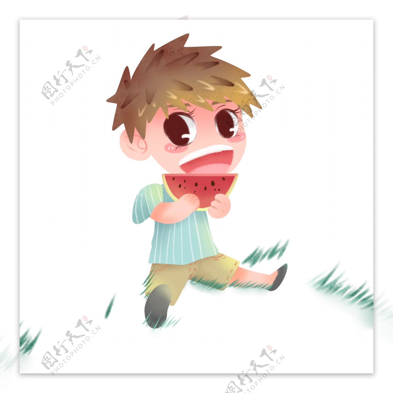 小清新可爱吃西瓜的男孩手绘设计