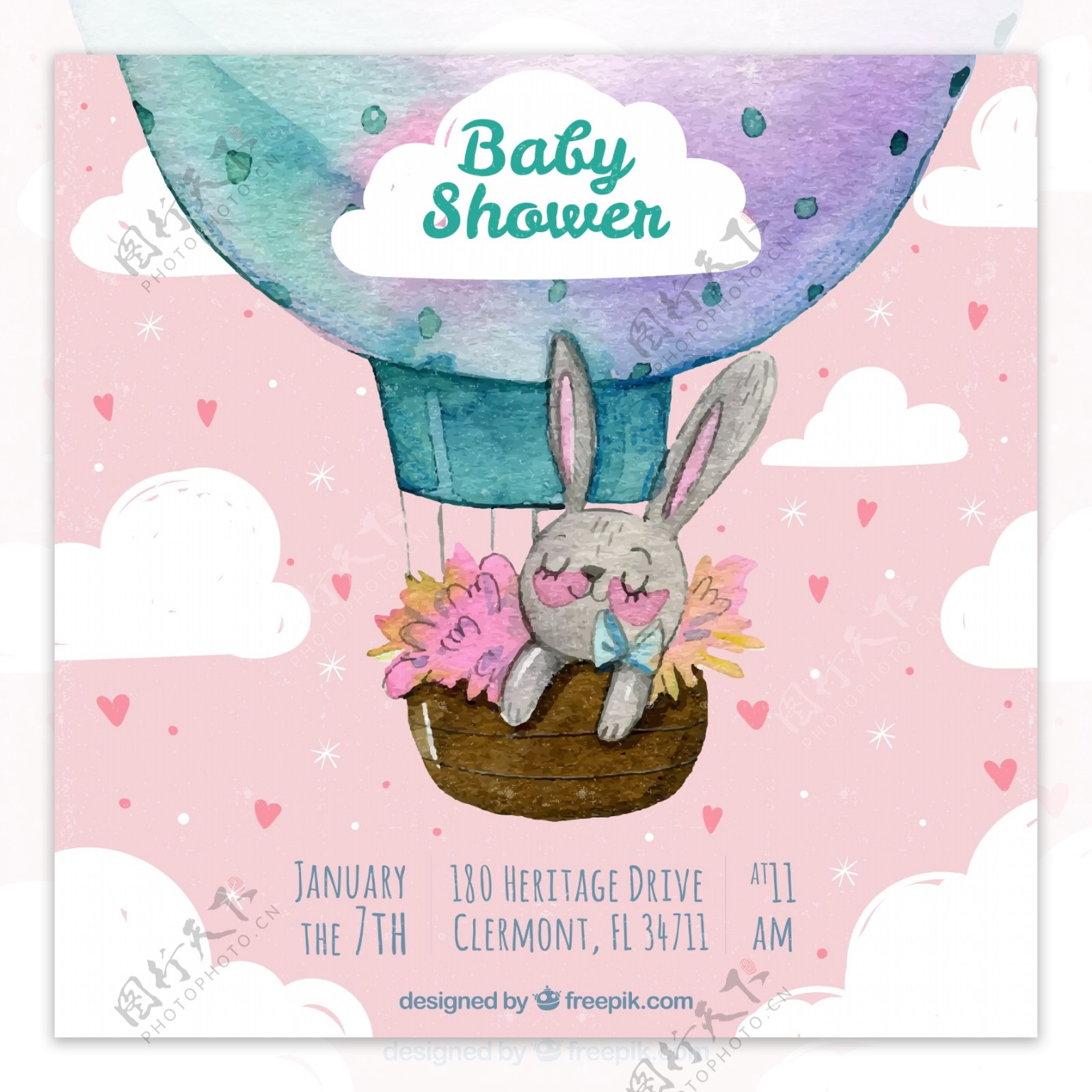 可爱热气球兔子迎婴派对海报