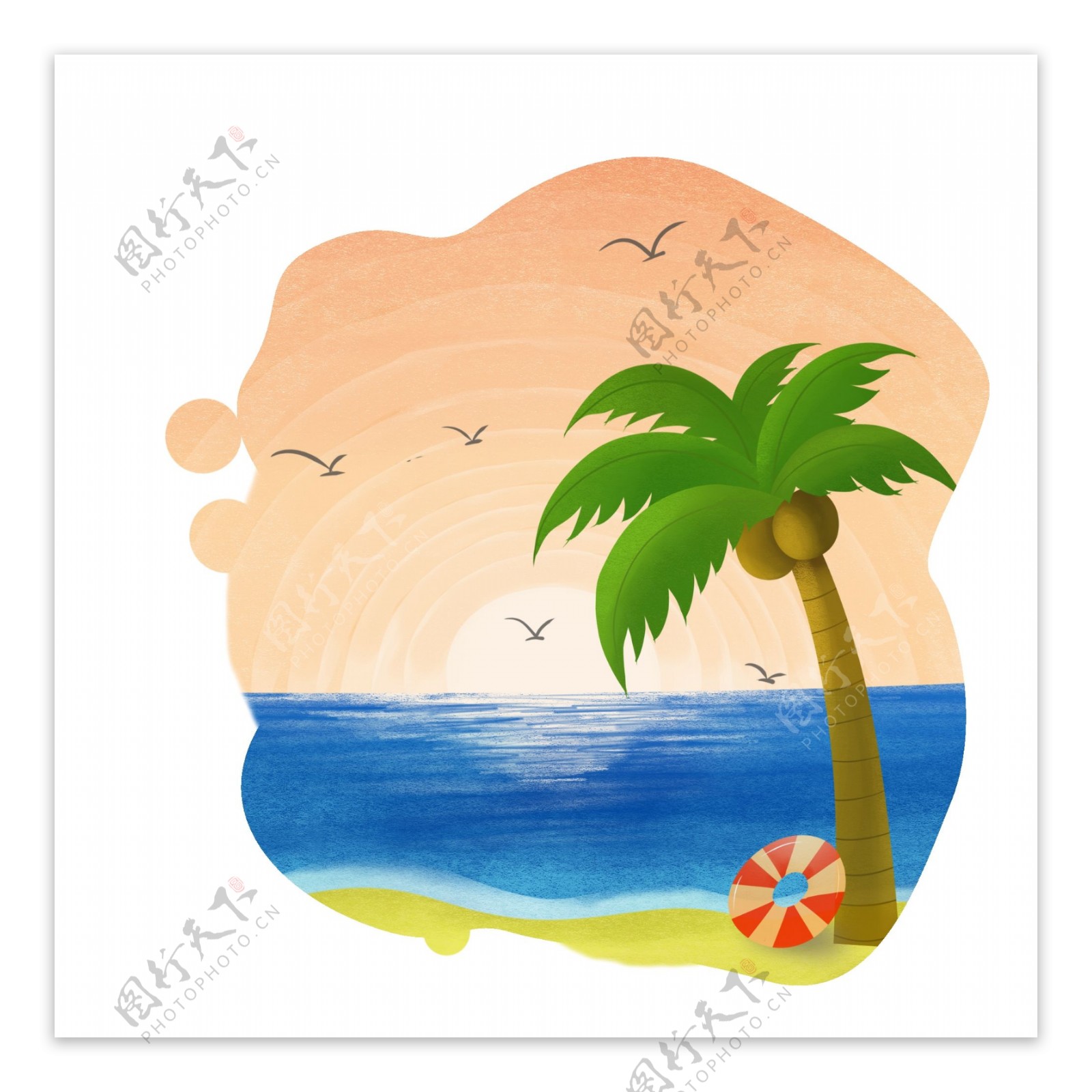夏至黄昏椰树大海沙滩日落泳圈海鸥椰子