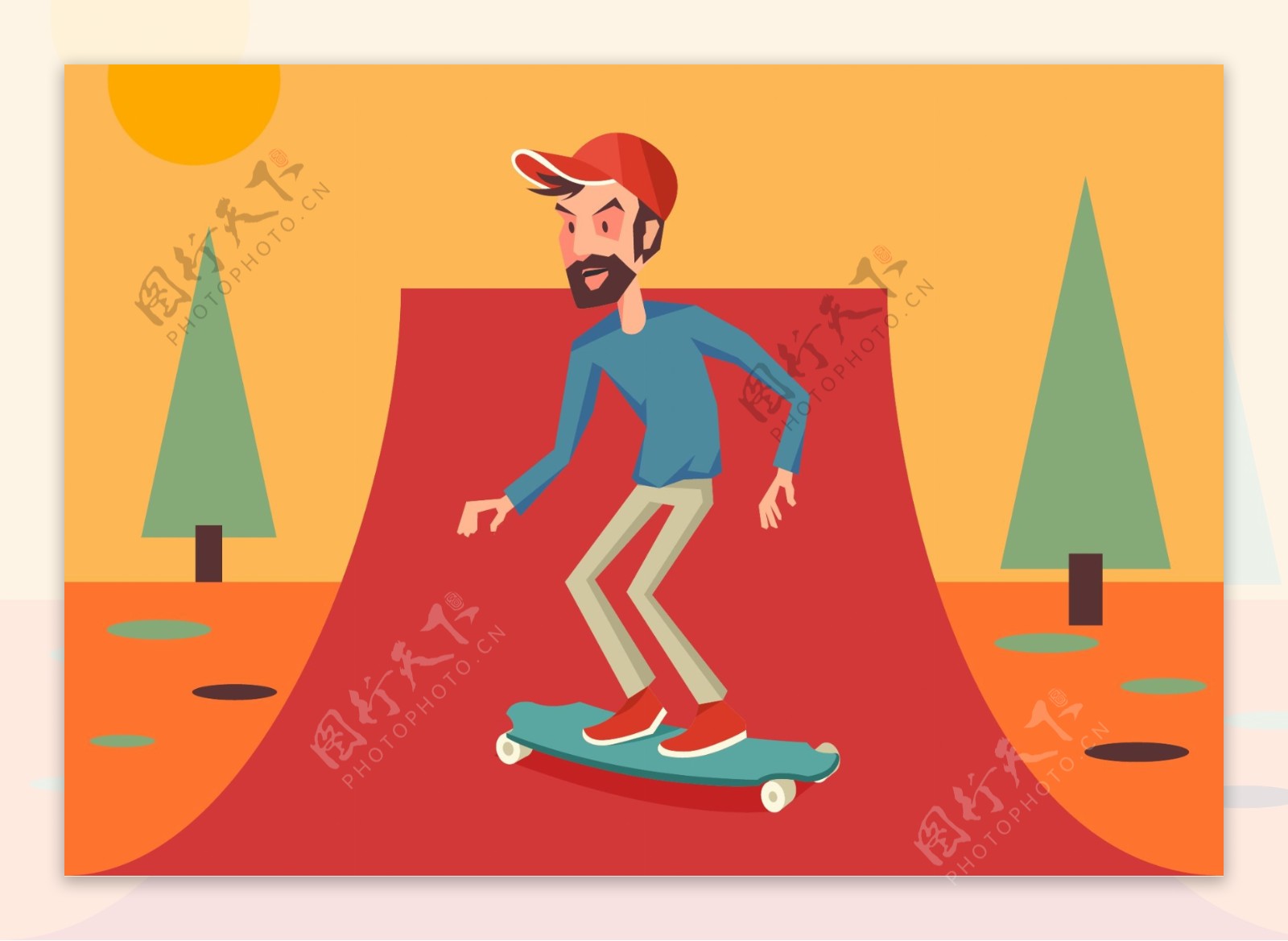 手绘带帽子的男人在玩滑板插画