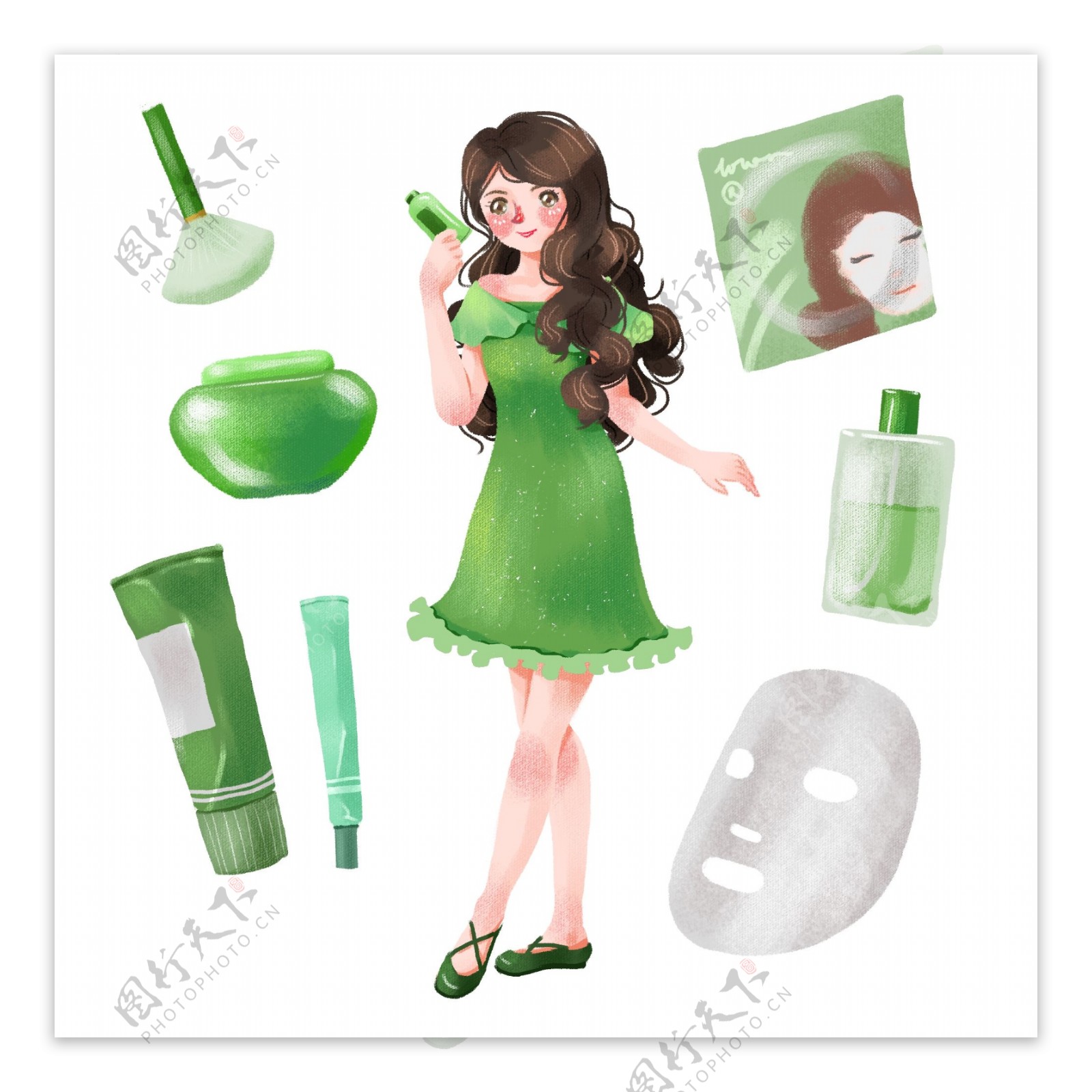 手绘可爱女孩化妆品护肤品美容美丽绿色