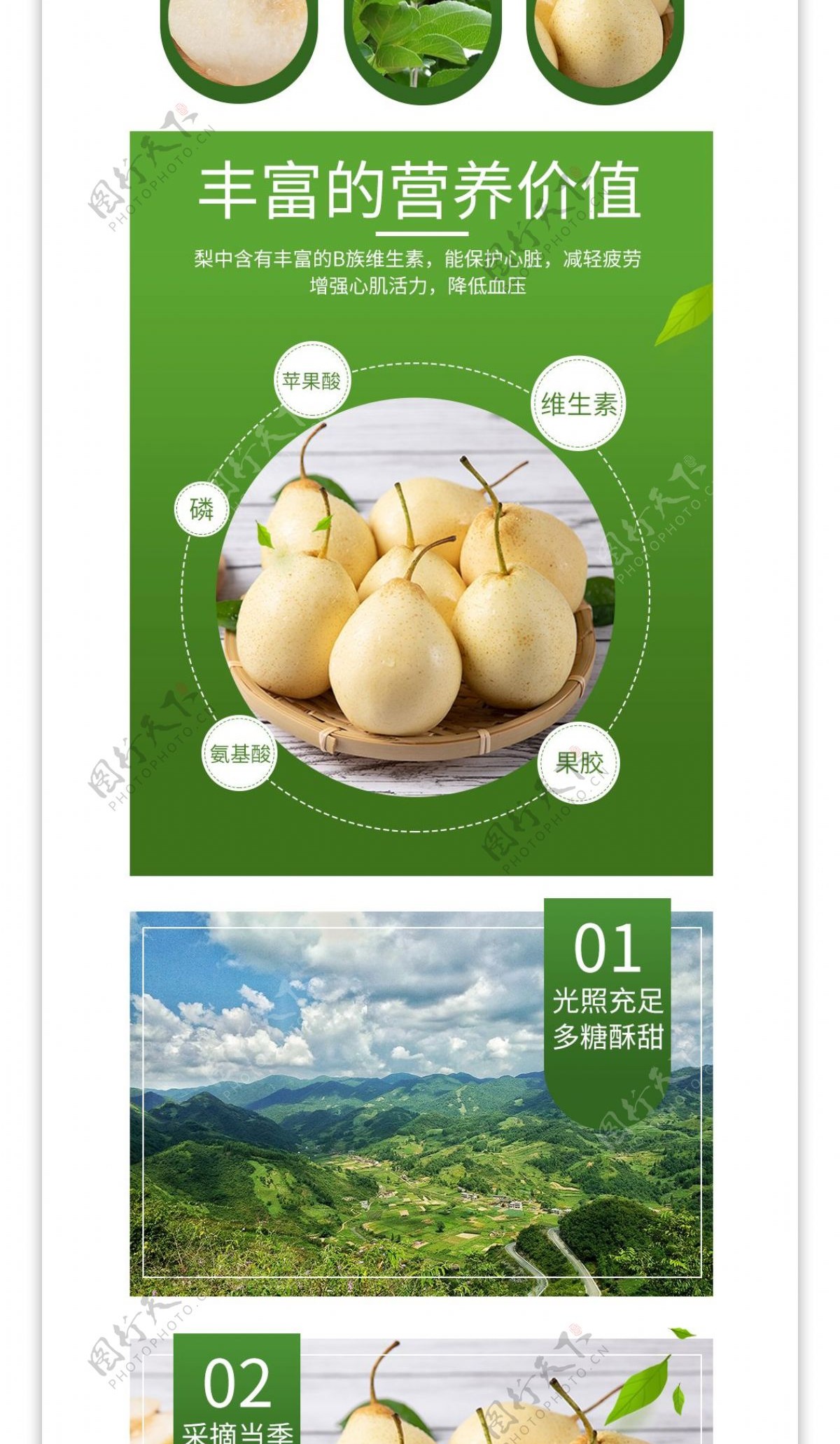 电商绿色清新蜜梨水果详情页优惠促销模板