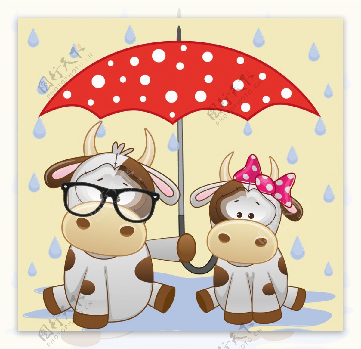 可爱的动物和雨伞卡通矢量图