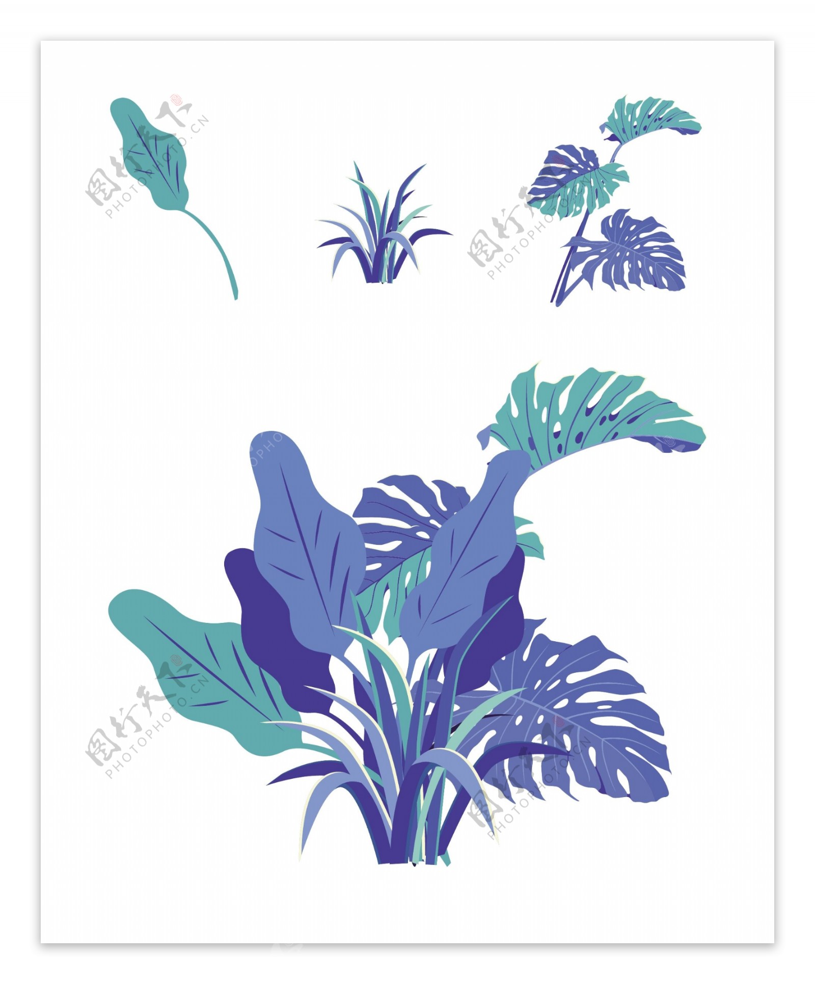 蓝色矢量树叶植物插画