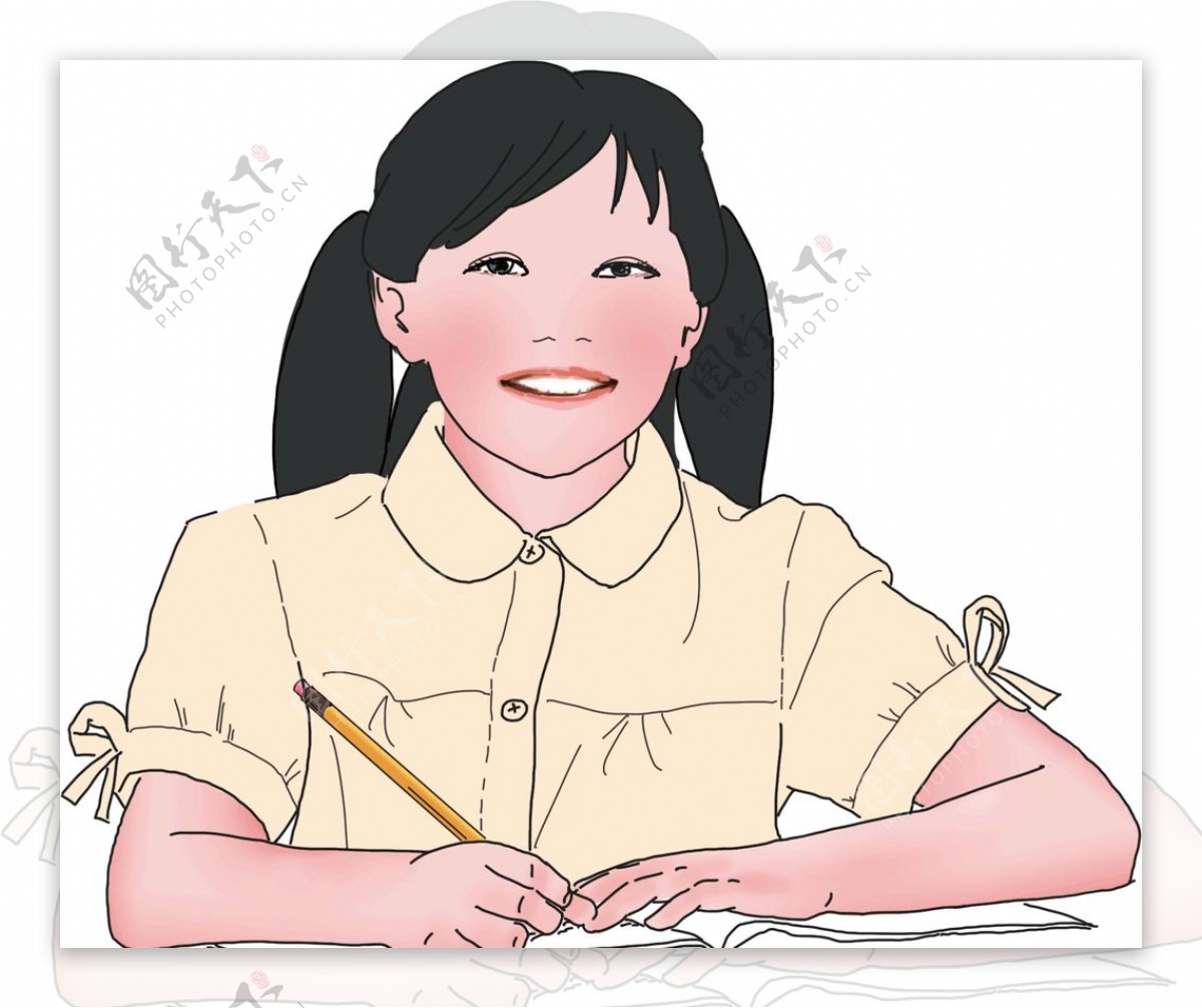 小学生写作业微笑角色插画